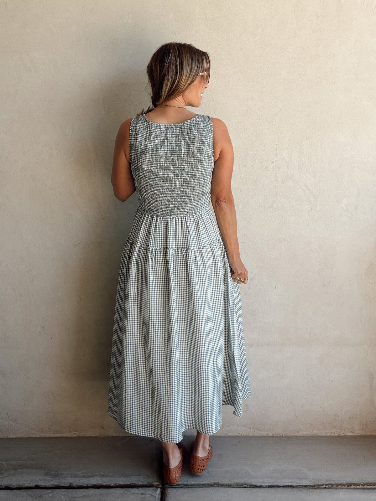 Denise Dress in Gingham Dress in Evergreen & Cream