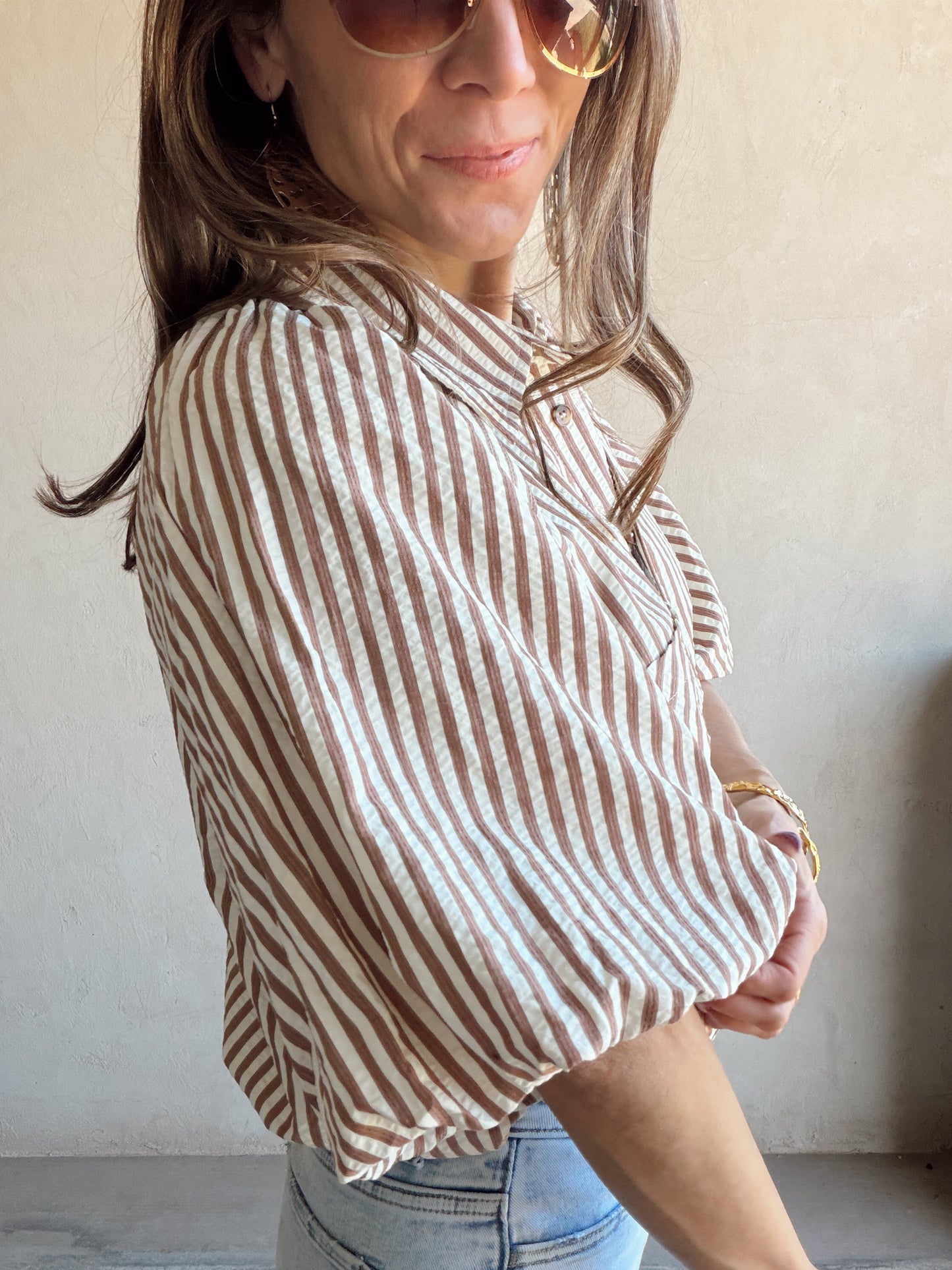 Jess Button Up Top in Pecan Stripe