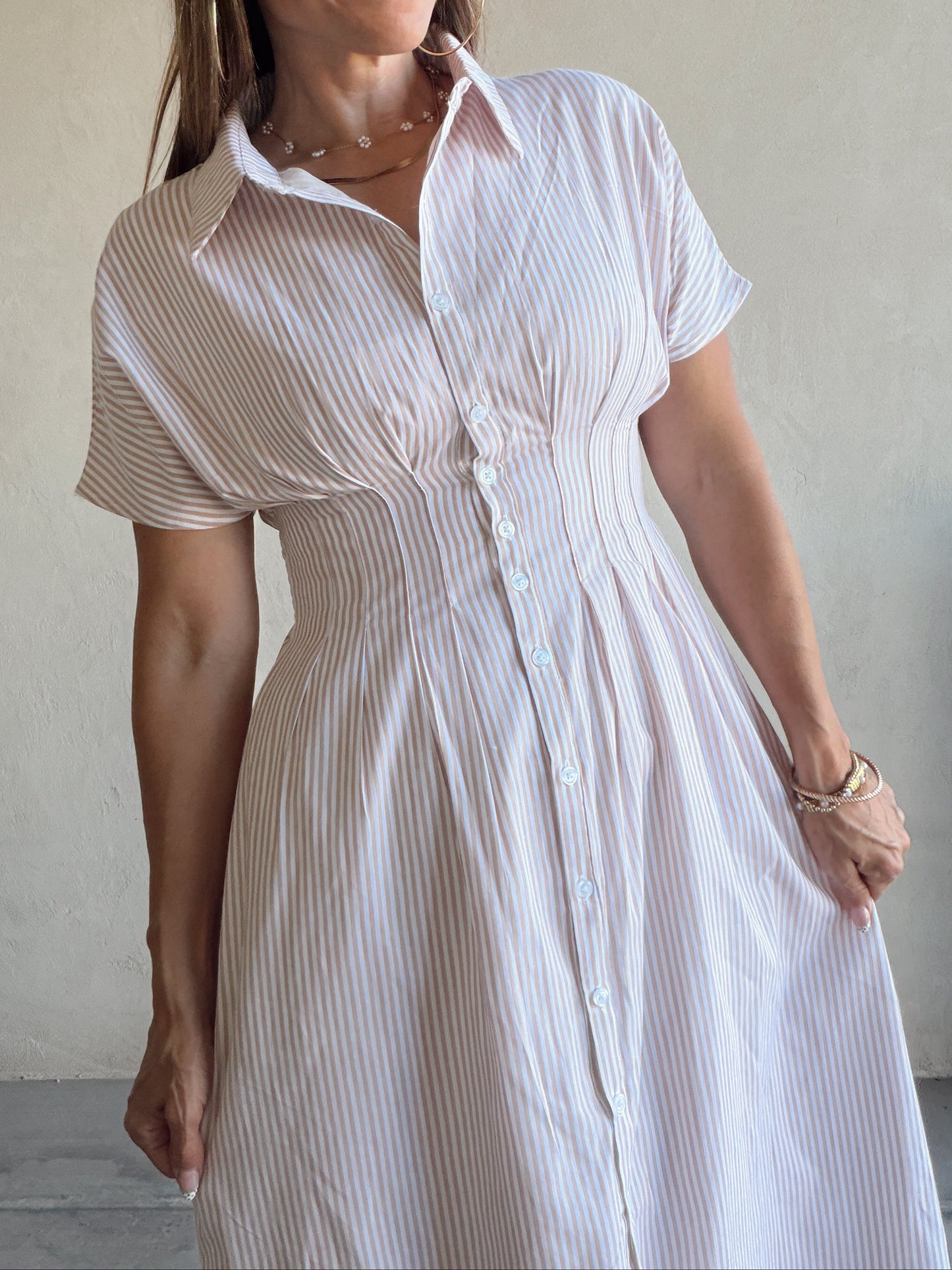 Sherri Striped Dress in Taupe & White