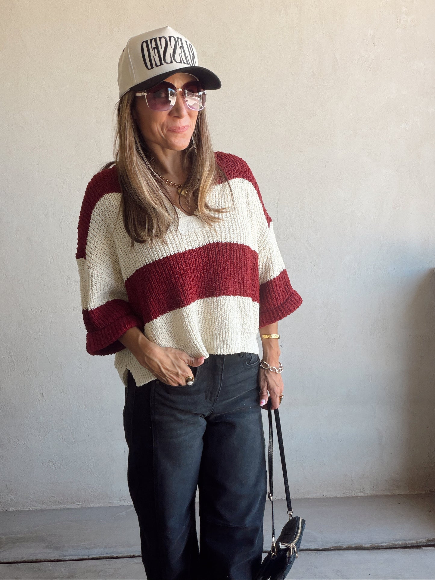 Christy V-Neck Top in Cabernet & Cream
