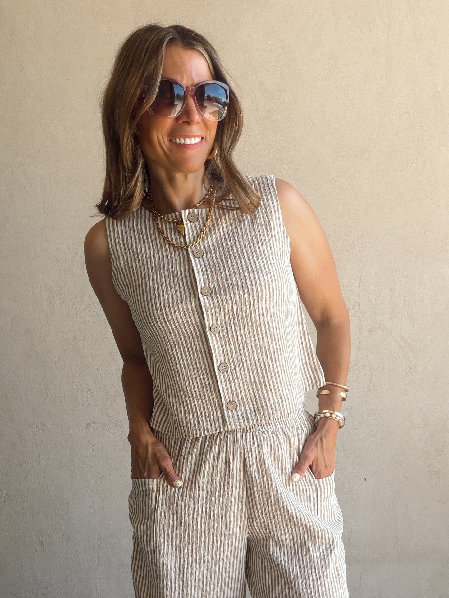 Melinda Tank in Taupe & White