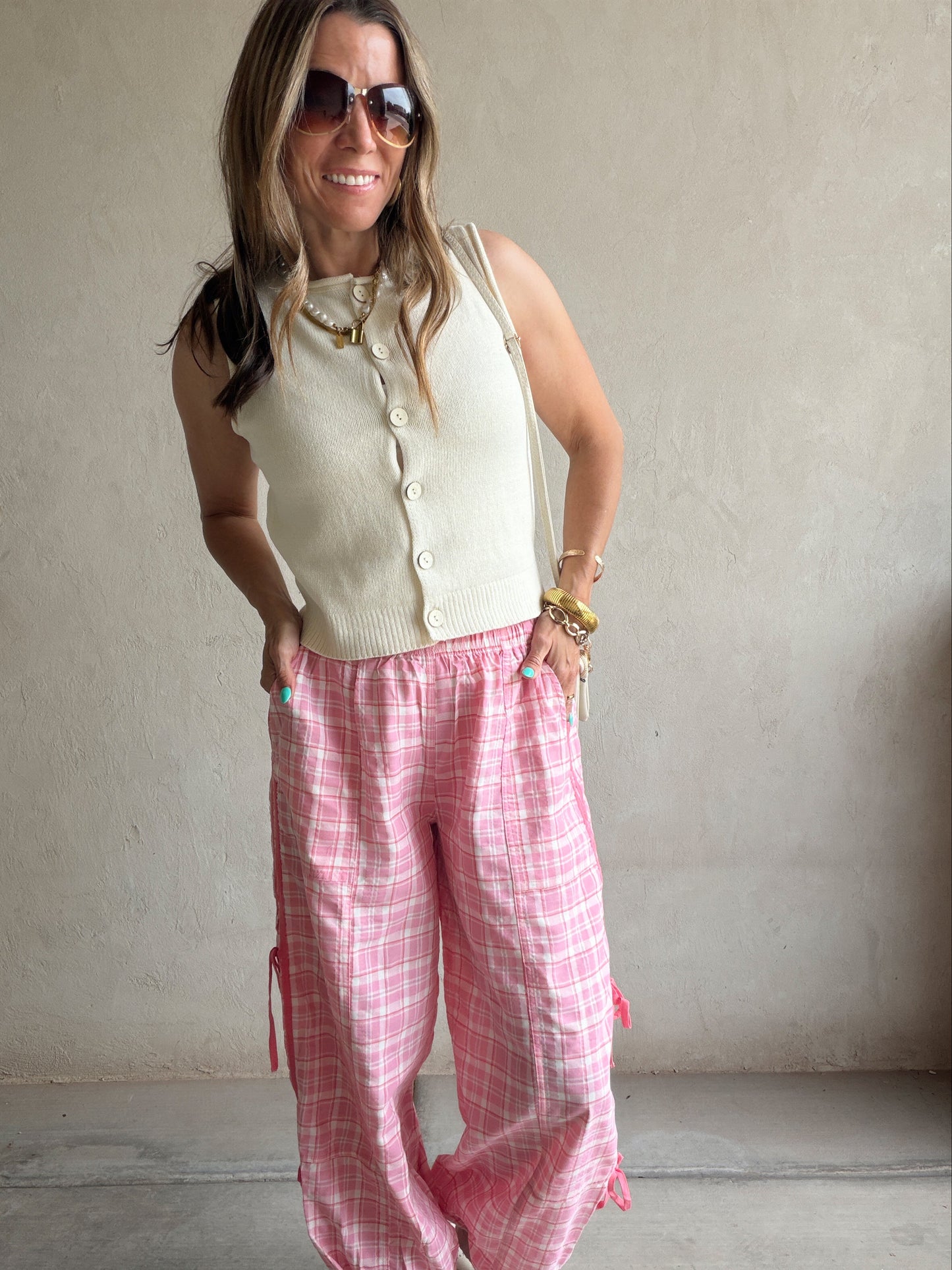 Christine Parachute Pants in Pink Plaid