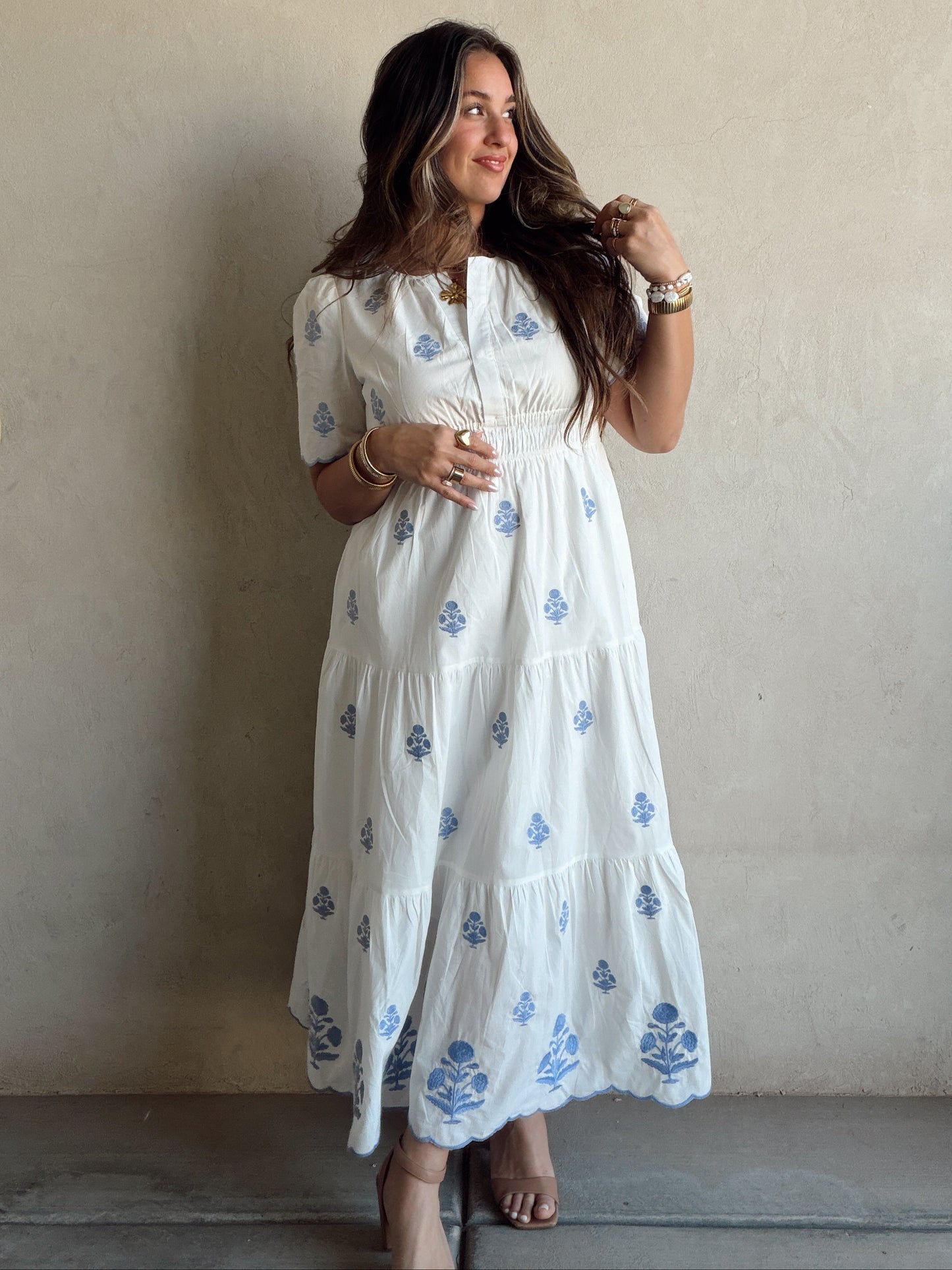 Perry Floral Dress in White & Blue