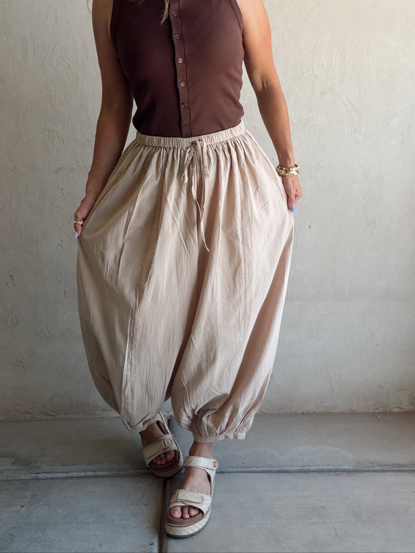 Tara Flowy Parachute Pants in Tan