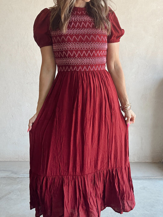 Bridget Embroidered Dress in Burgundy