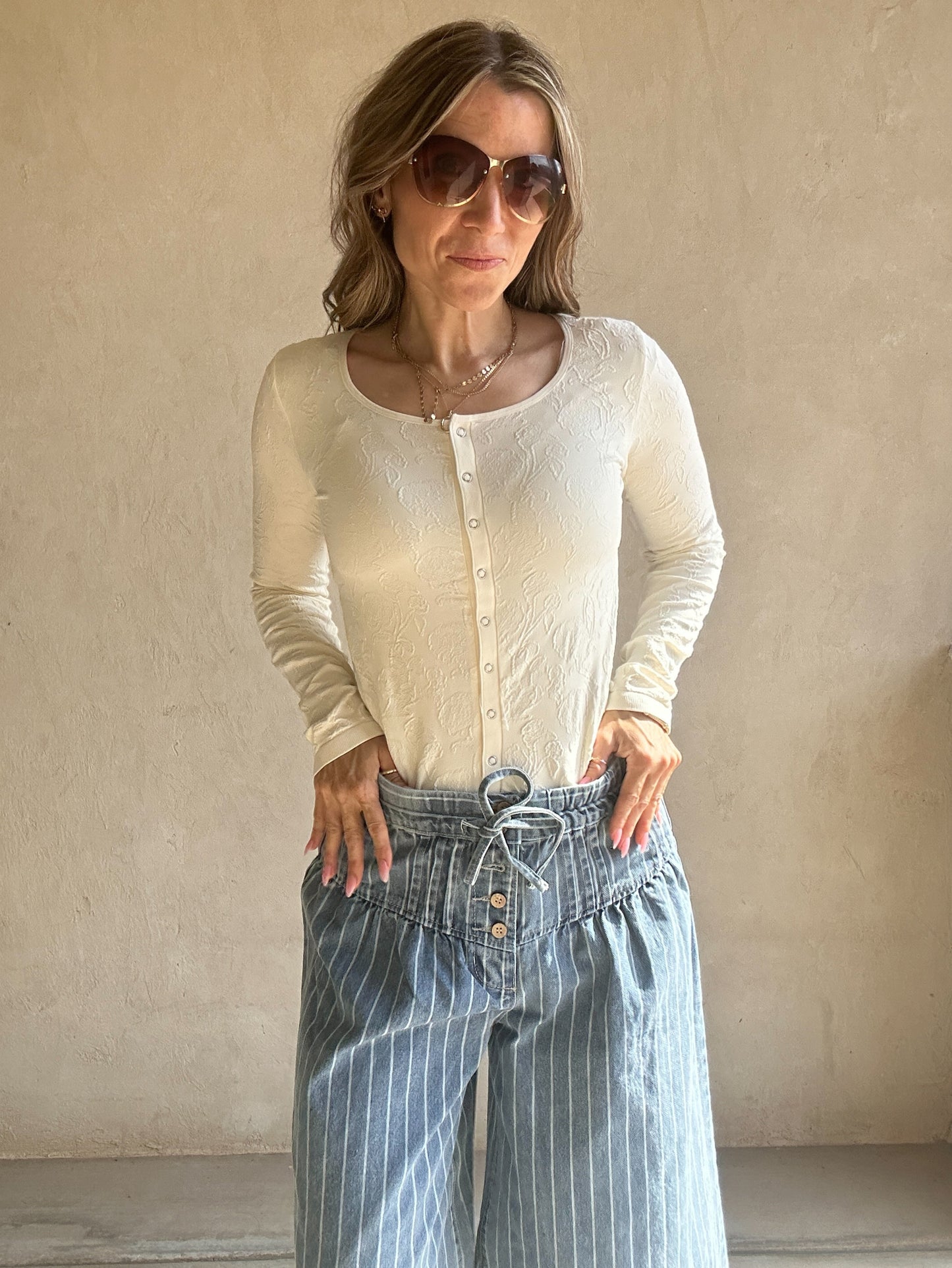 Natalie Pintuck Wide Leg Striped Pants