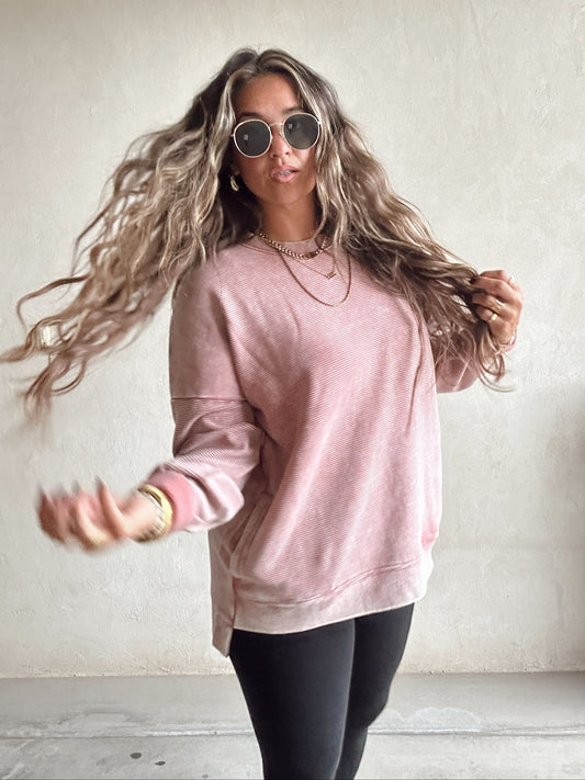 Dallas Double Ribbed Pullover in Light Mauve