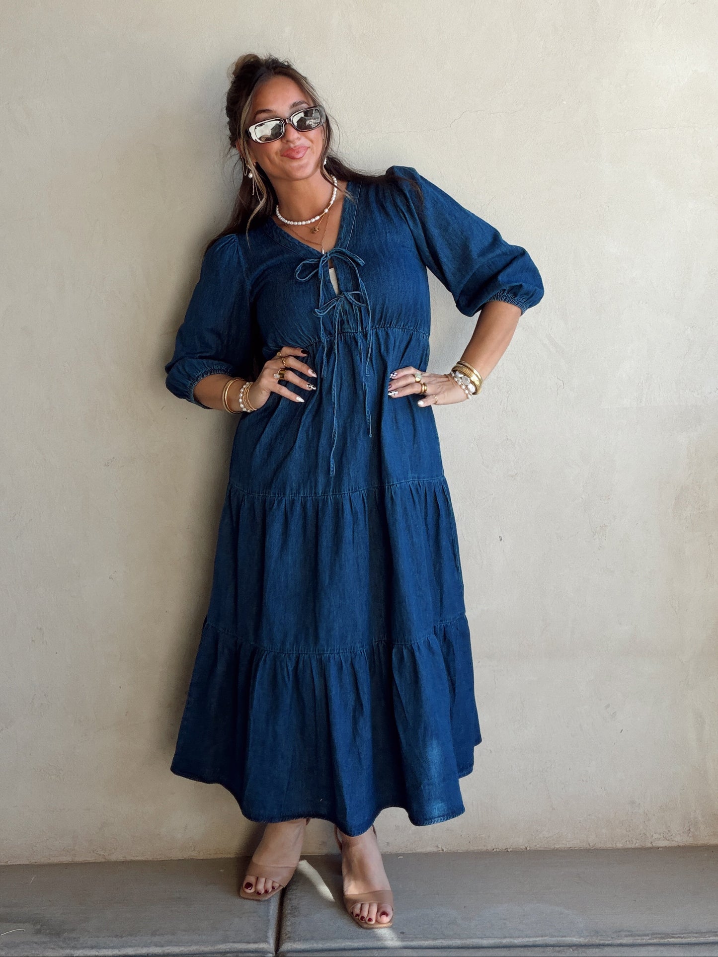 Jolee Bow Maxi Dress in Denim