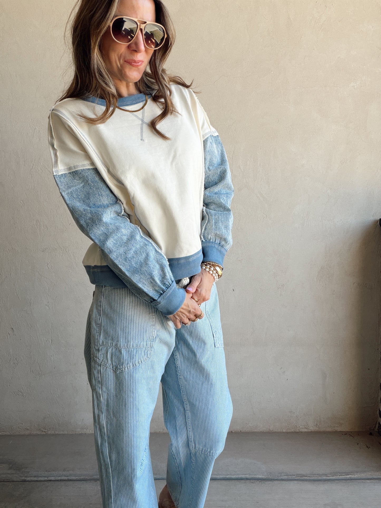 Jamie Pullover in Cream & Denim