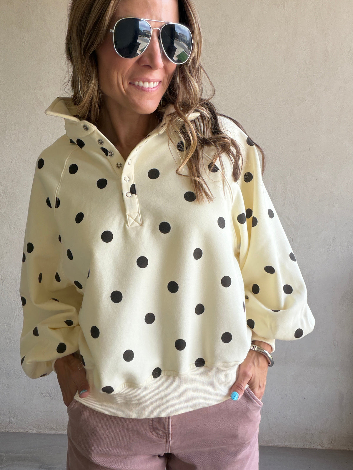 Kaylani Sweatshirt in Soft Yellow & Dark Brown Polka Dot