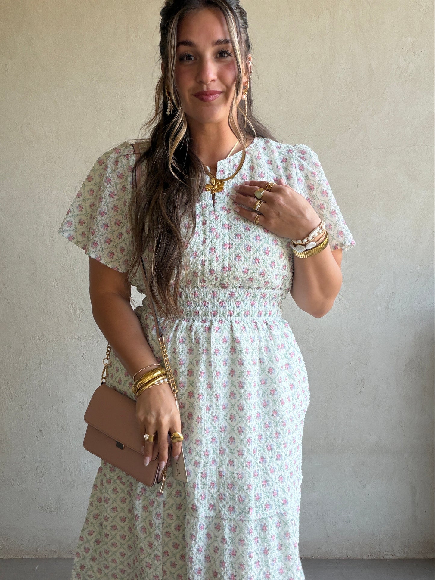 Sunday Floral Dress in Green, Pink & Ivory