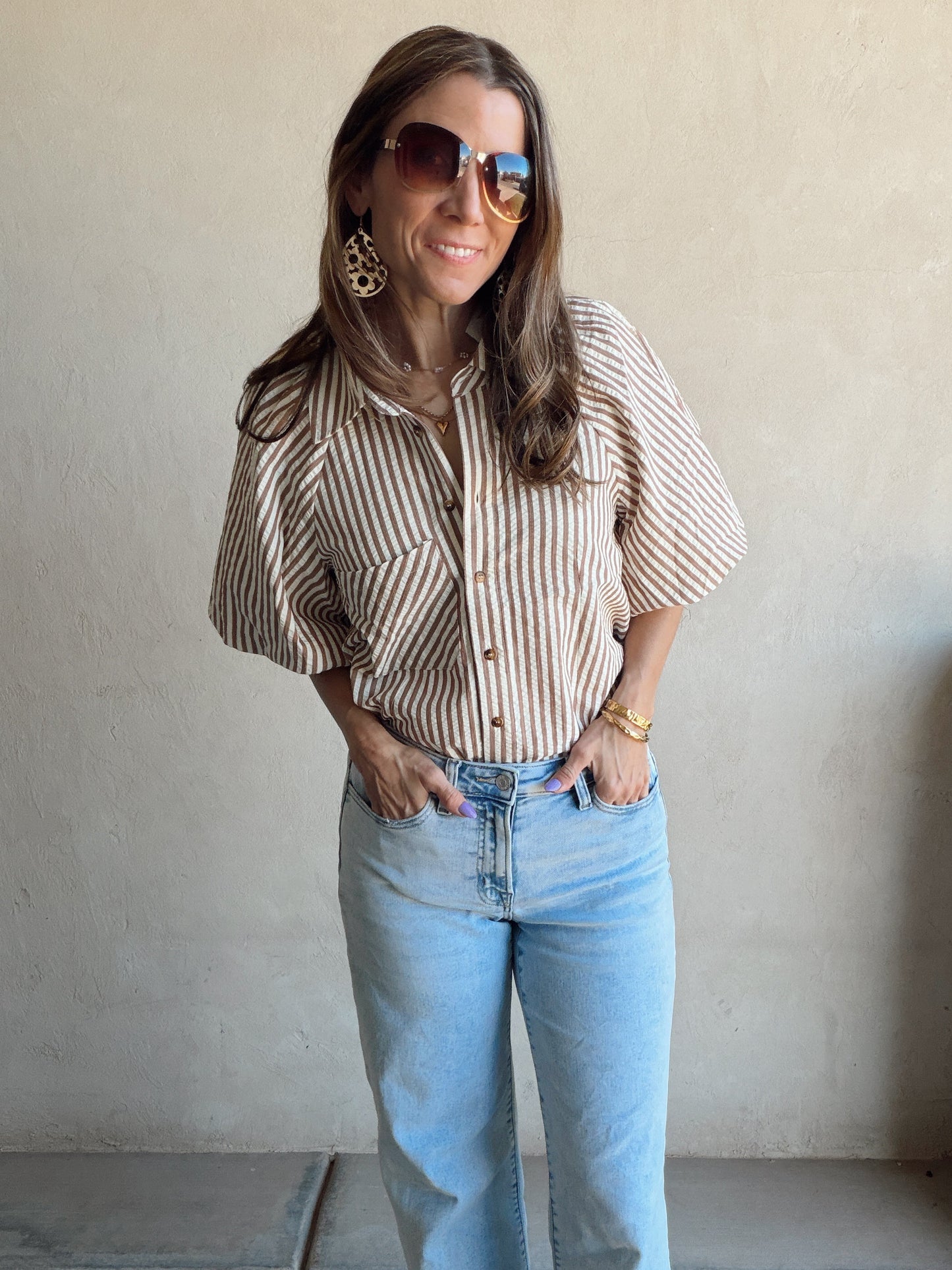 Jess Button Up Top in Pecan Stripe