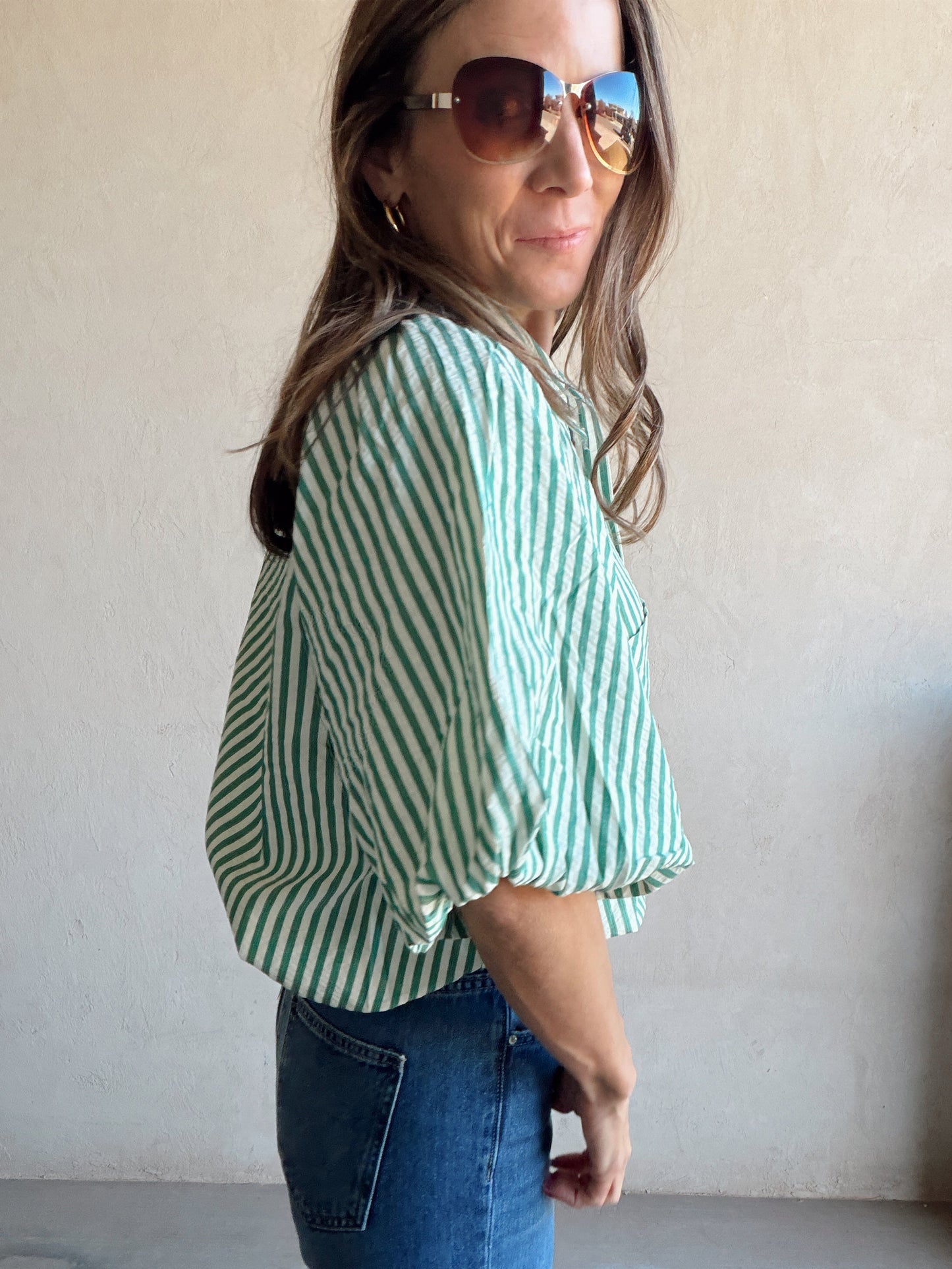 Jess Button Up Top in Green Stripe