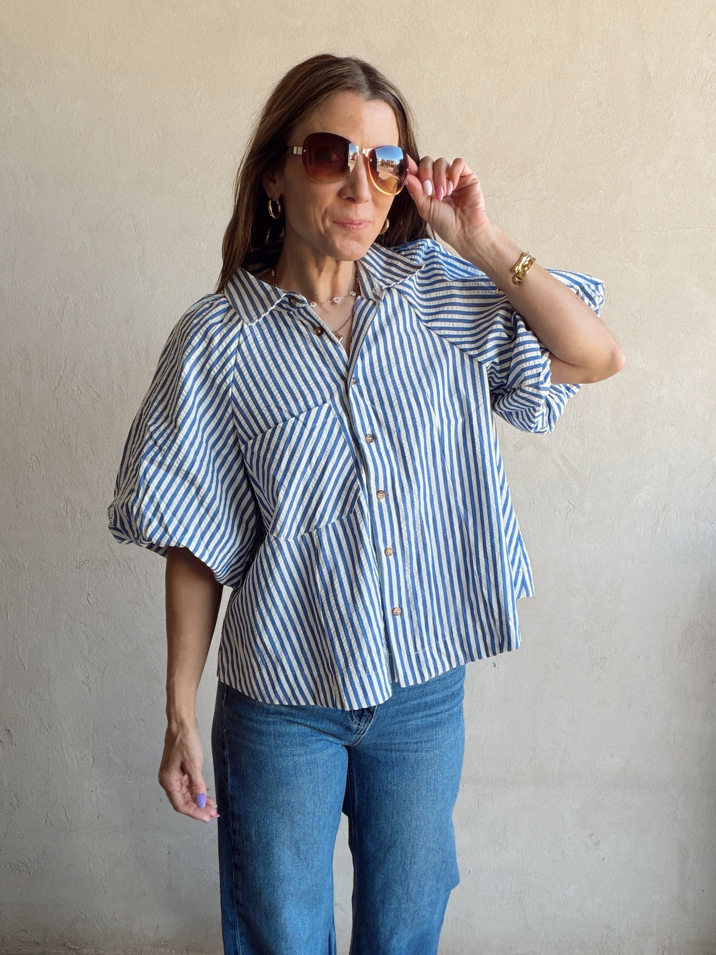 Jess Button Up Top in Blue Stripe