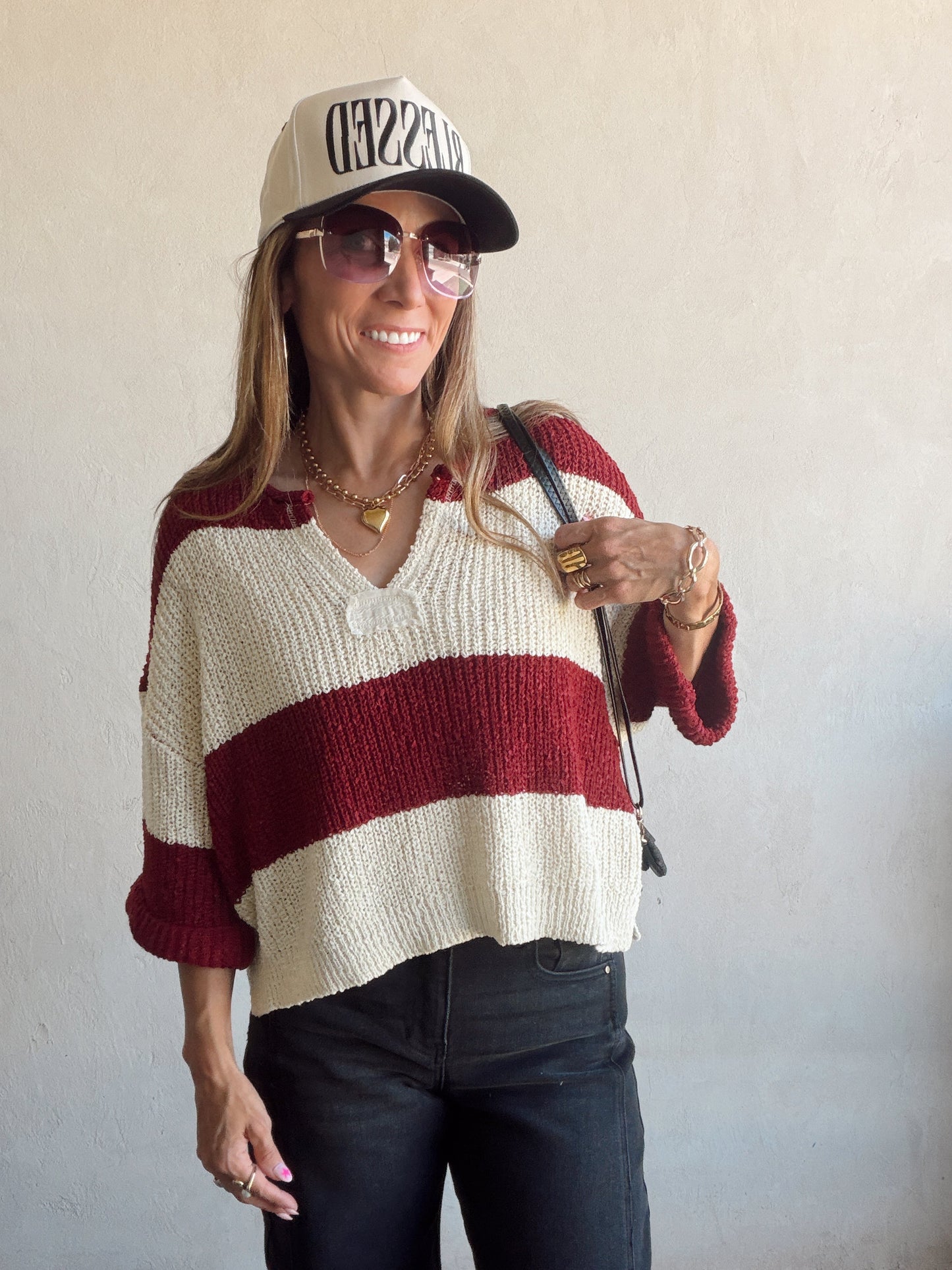 Christy V-Neck Top in Cabernet & Cream