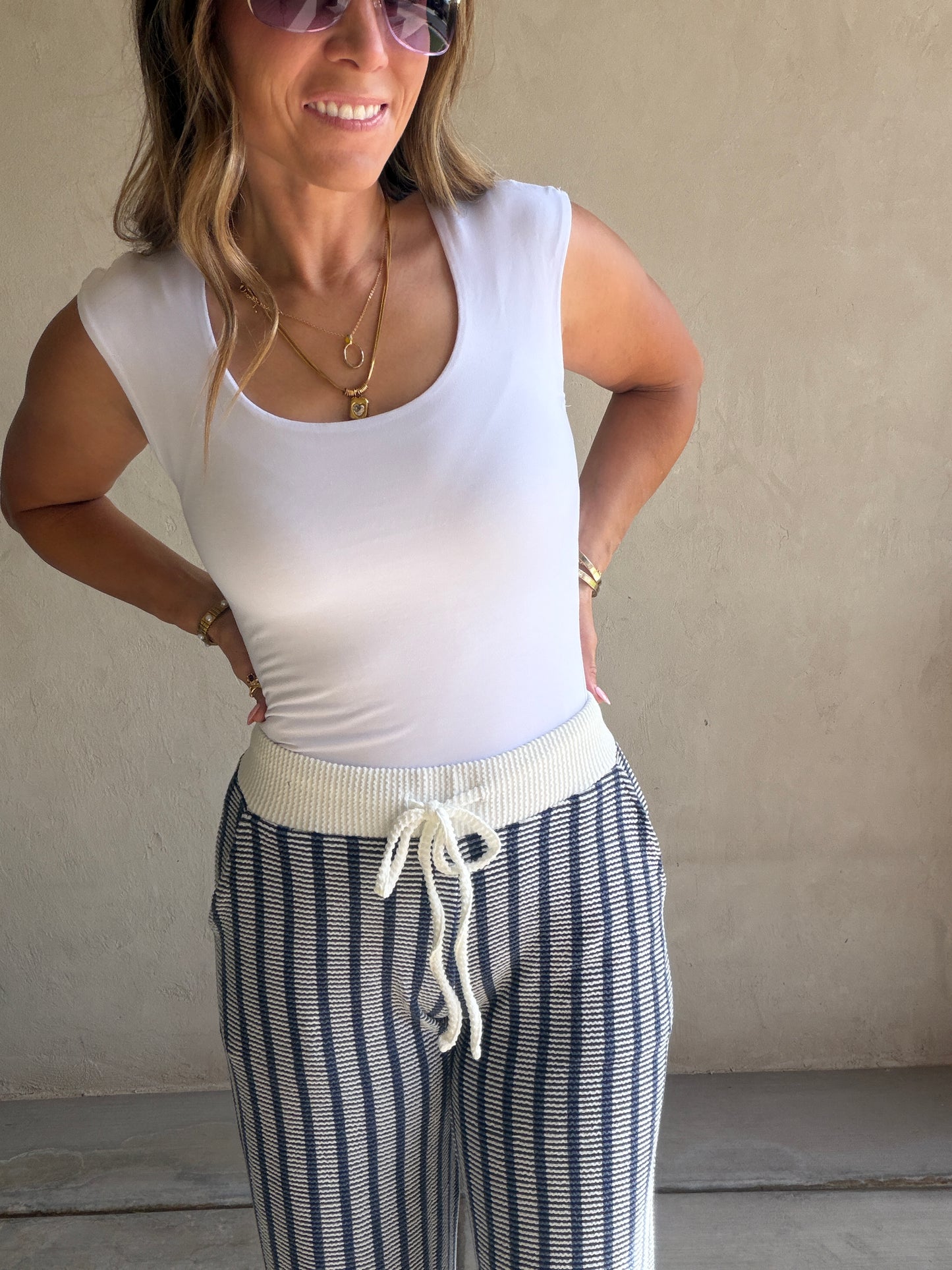 Andrea Ribbed Pants in Navy & Ivory