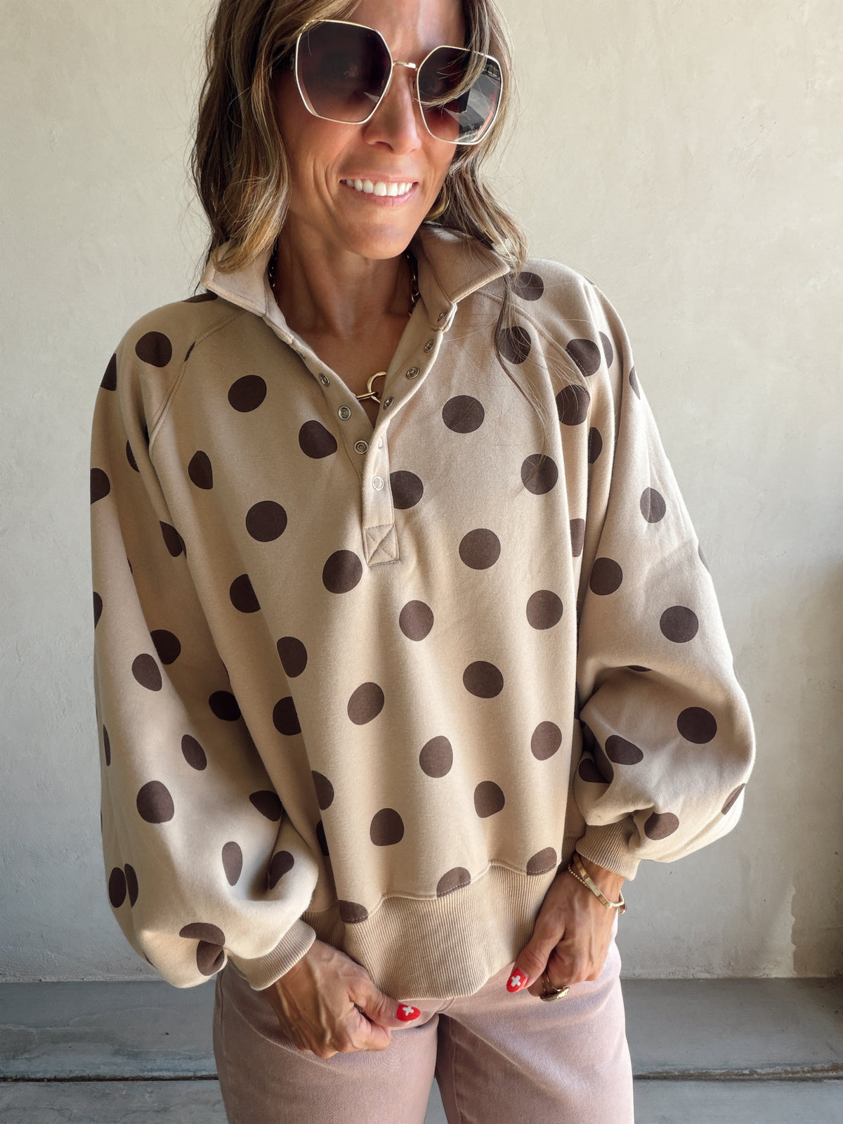 Kaylani Sweatshirt in Taupe & Chocolate Polka Dot