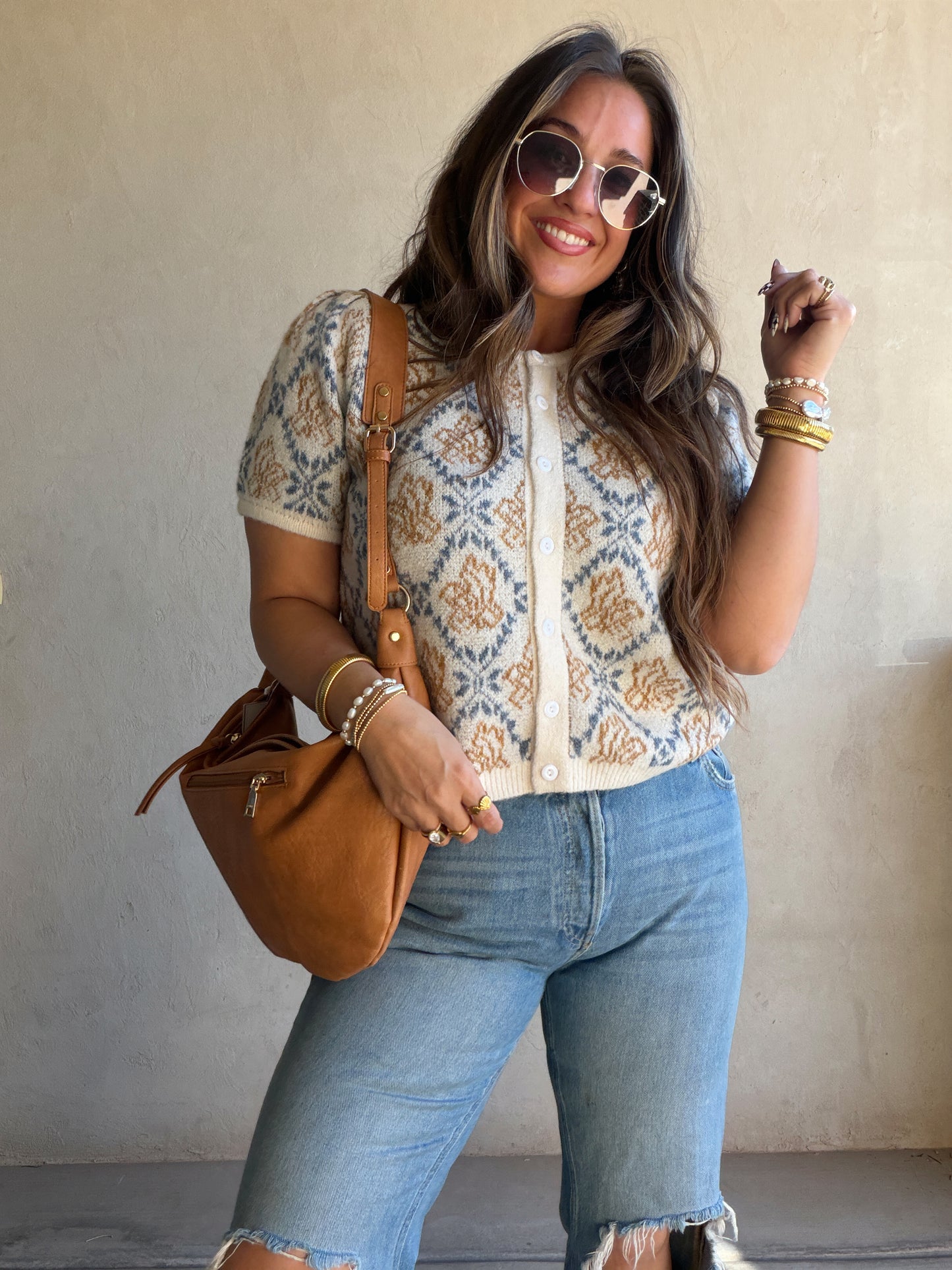 Maddy Button Down Cardigan in Blue & Camel