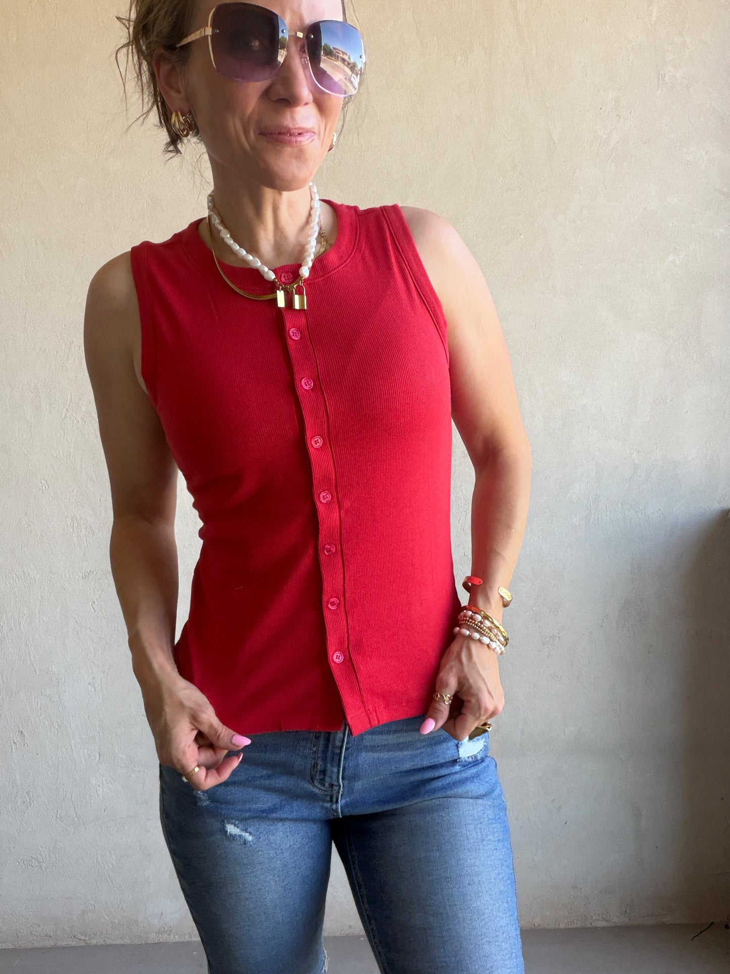 Whitney Ribbed Sleeveless Tank in Red