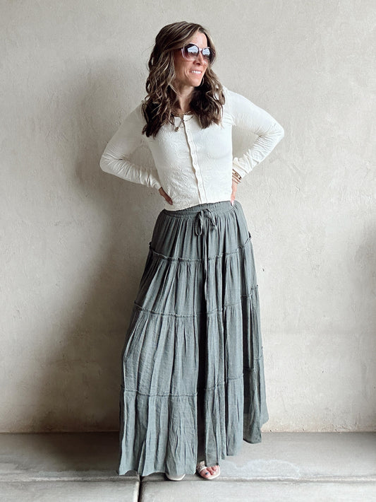 Aubrey Drawstring Tiered Skirt in Olive
