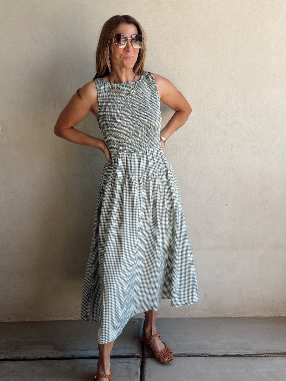 Denise Dress in Gingham Dress in Evergreen & Cream