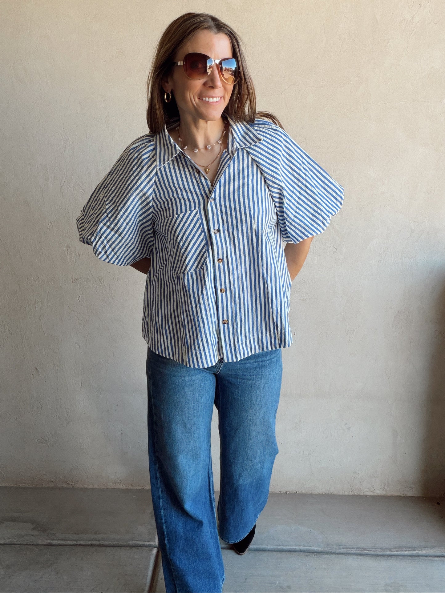 Jess Button Up Top in Blue Stripe