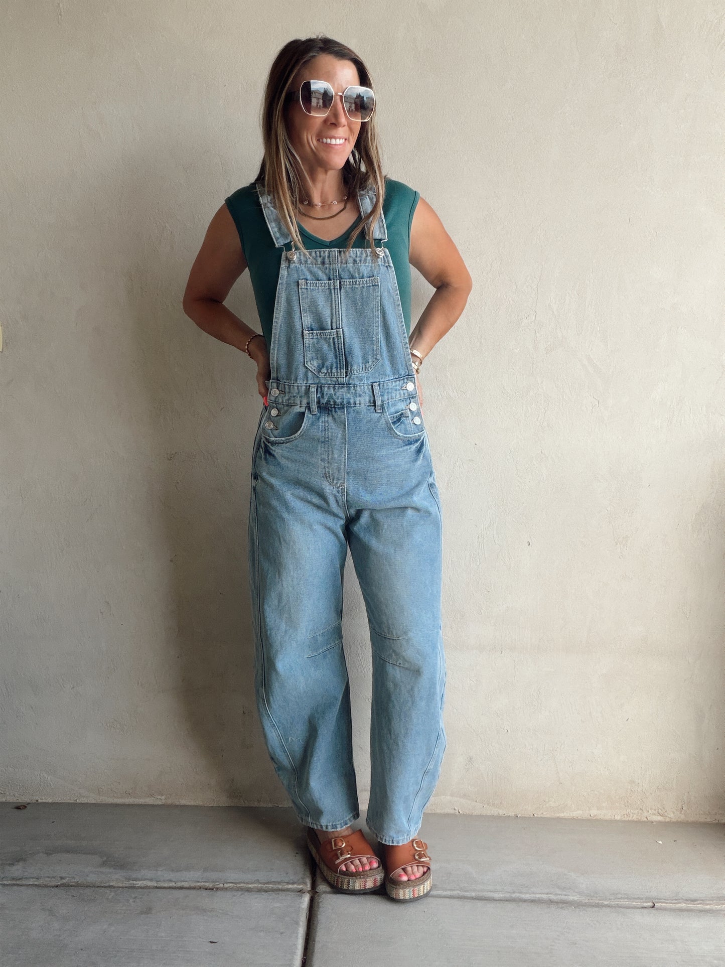 Bridget Denim Barrel Overalls in Medium Wash