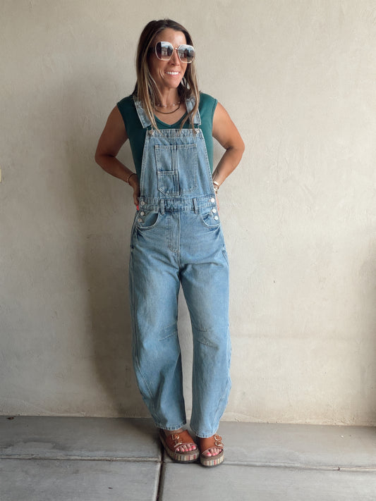 Bridget Denim Barrel Overalls in Medium Wash
