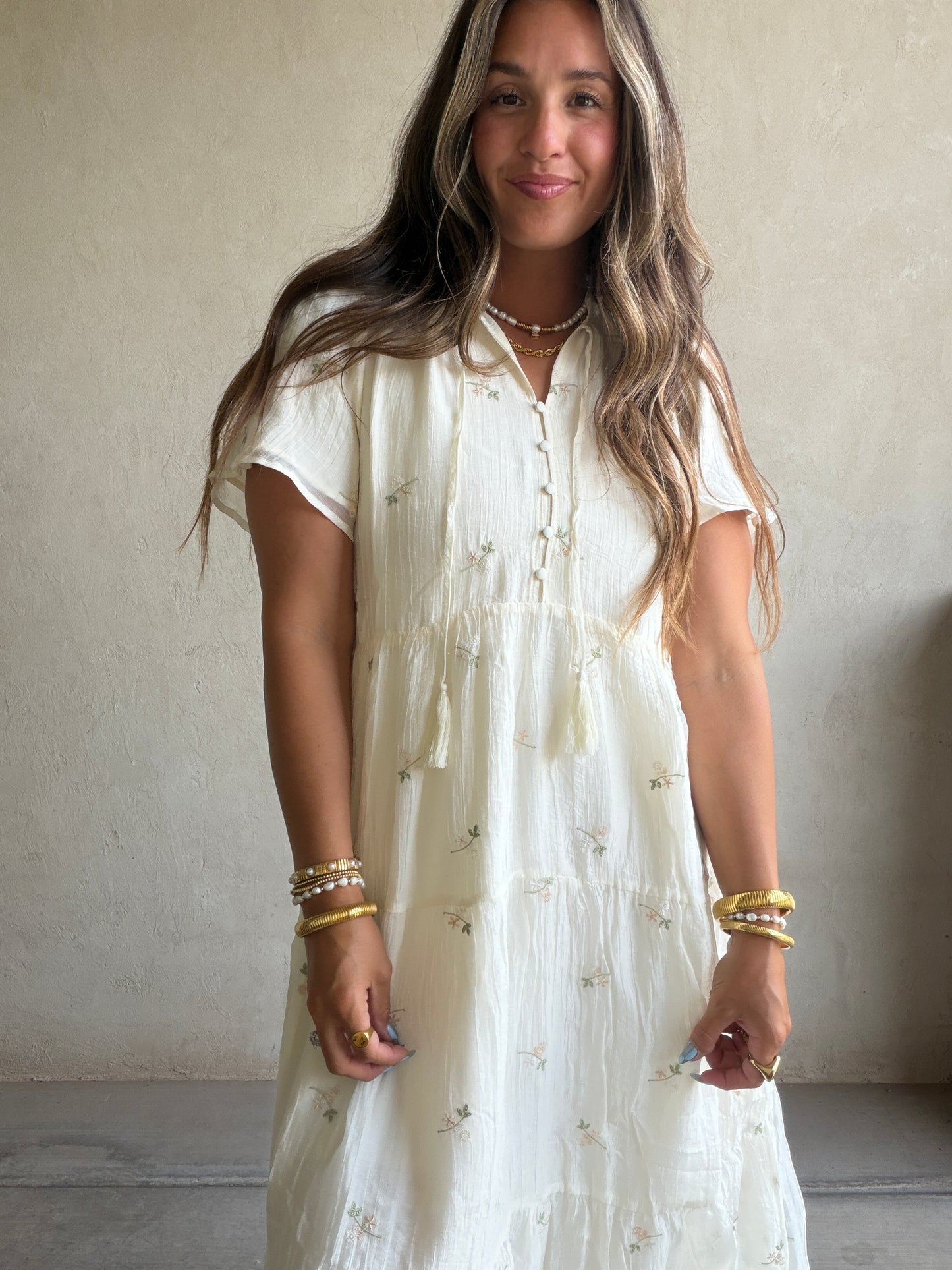 Ava Embroidered Dress in Cream