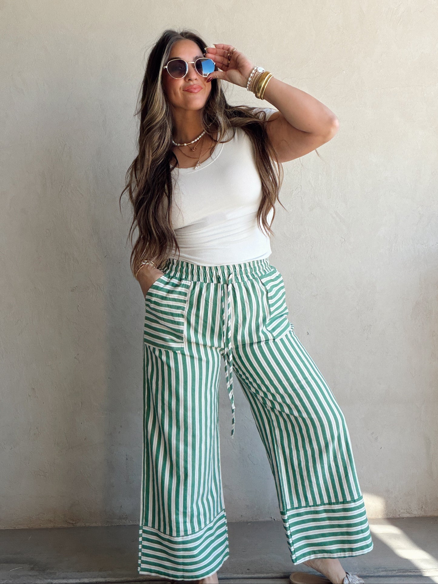 Kyla Drawstring Stripe Linen Pants in Green & Sand
