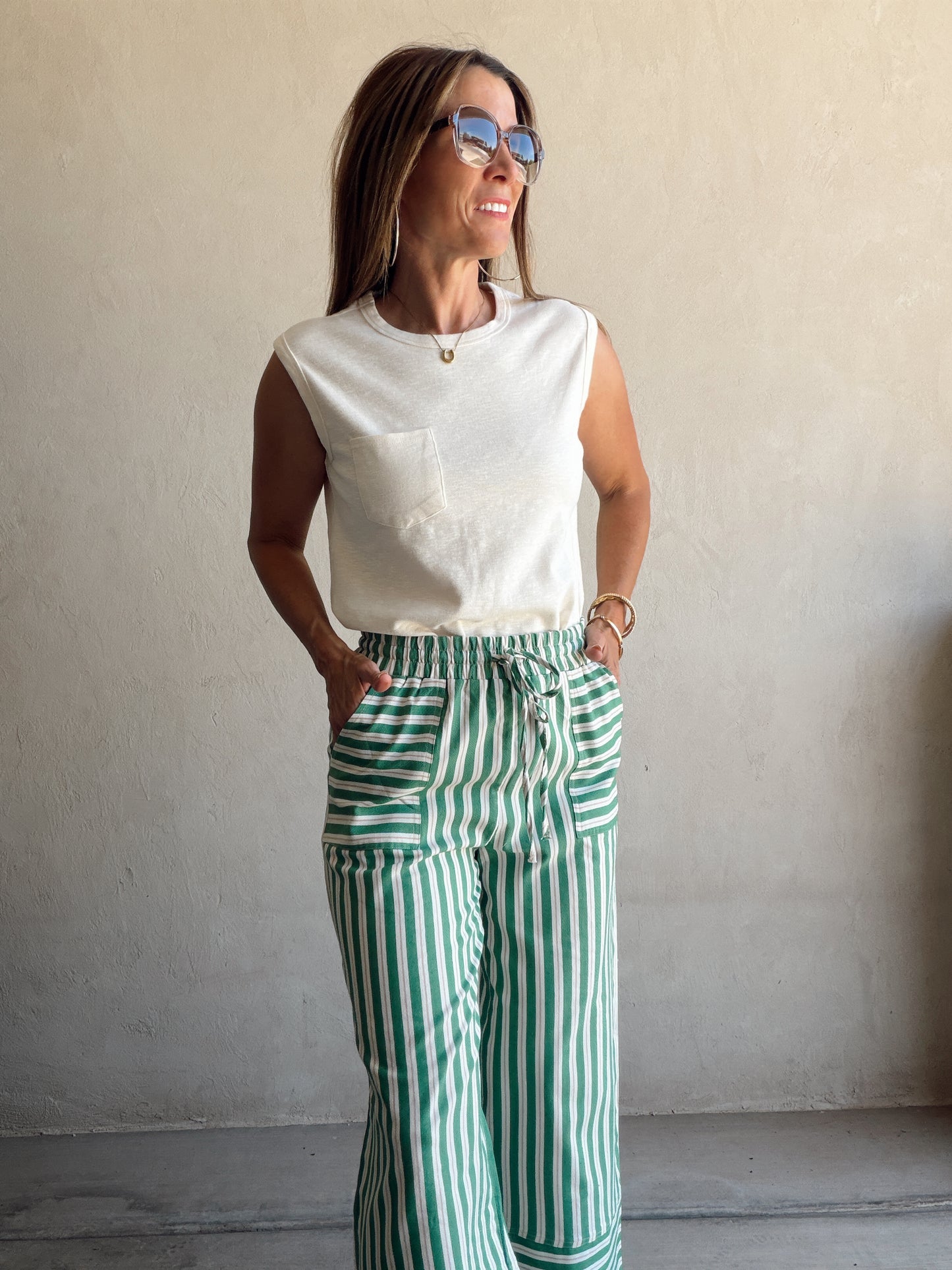 Kyla Drawstring Stripe Linen Pants in Green & Sand