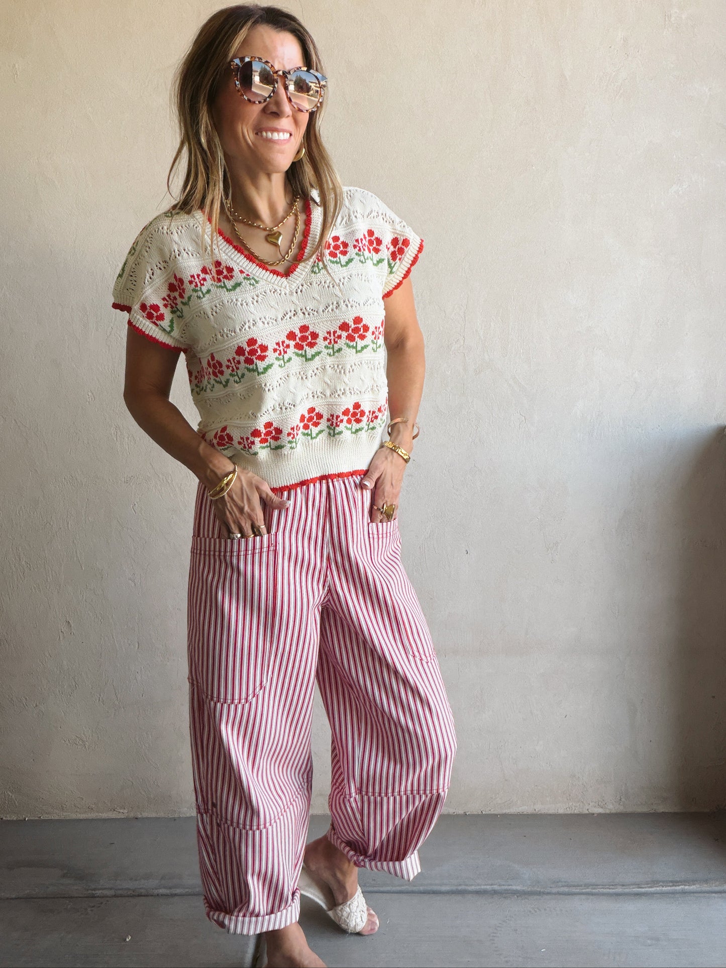 Striped Barrel Pant in Red
