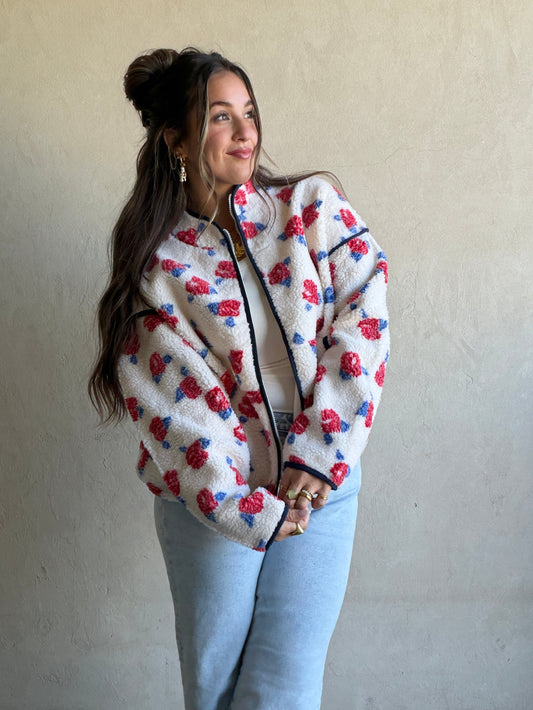 Luann Sherpa Jacket in Cream, Navy, & Red