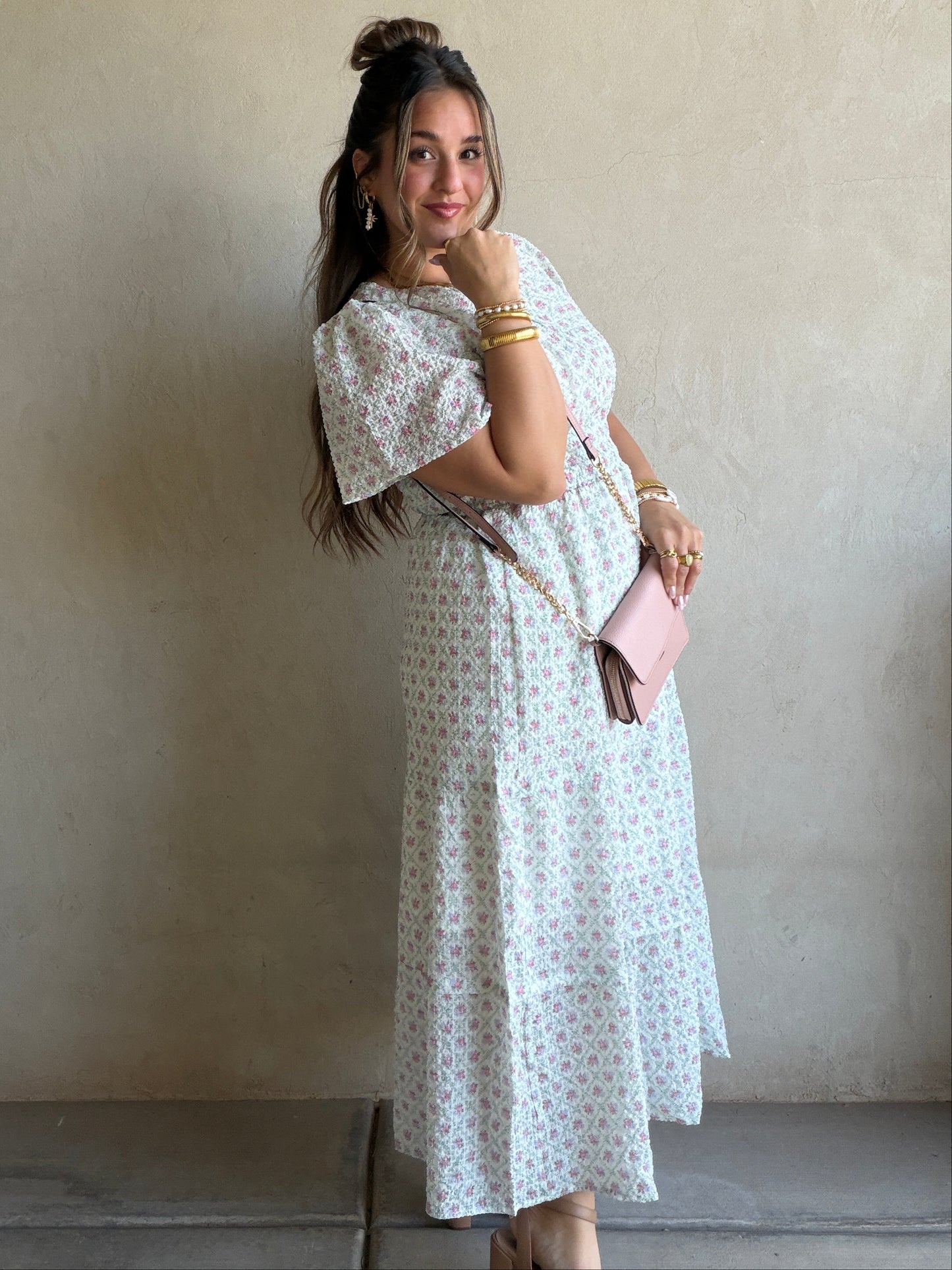 Sunday Floral Dress in Green, Pink & Ivory