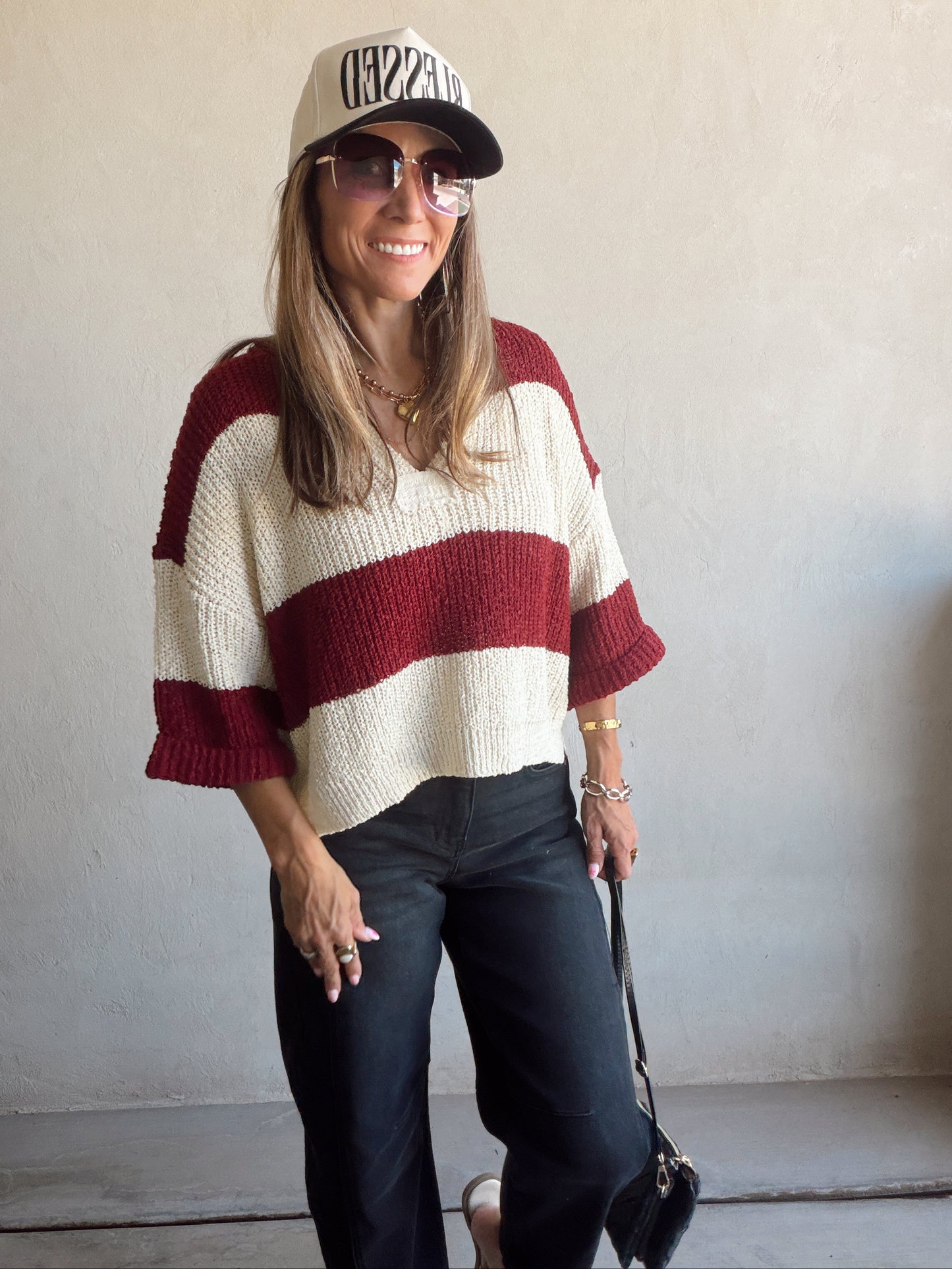 Christy V-Neck Top in Cabernet & Cream
