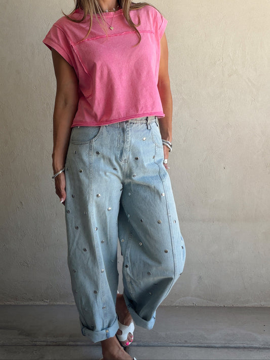 Lydia Light Wash Studded Barrel Jeans
