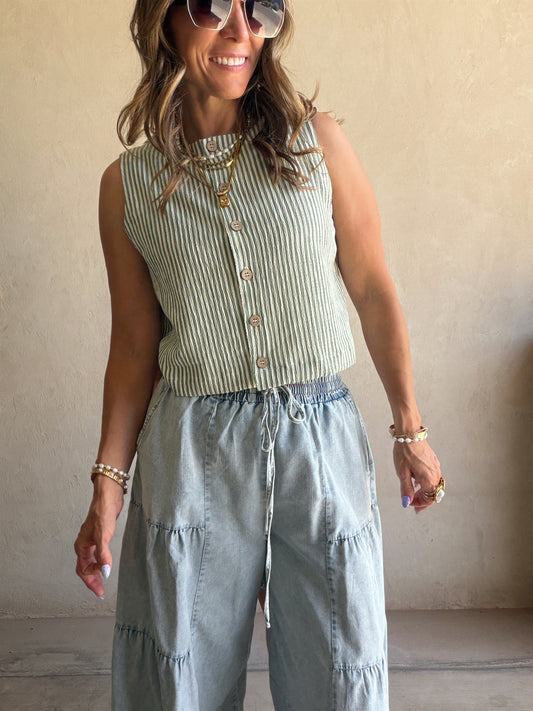 Melinda Tank in Sage & White