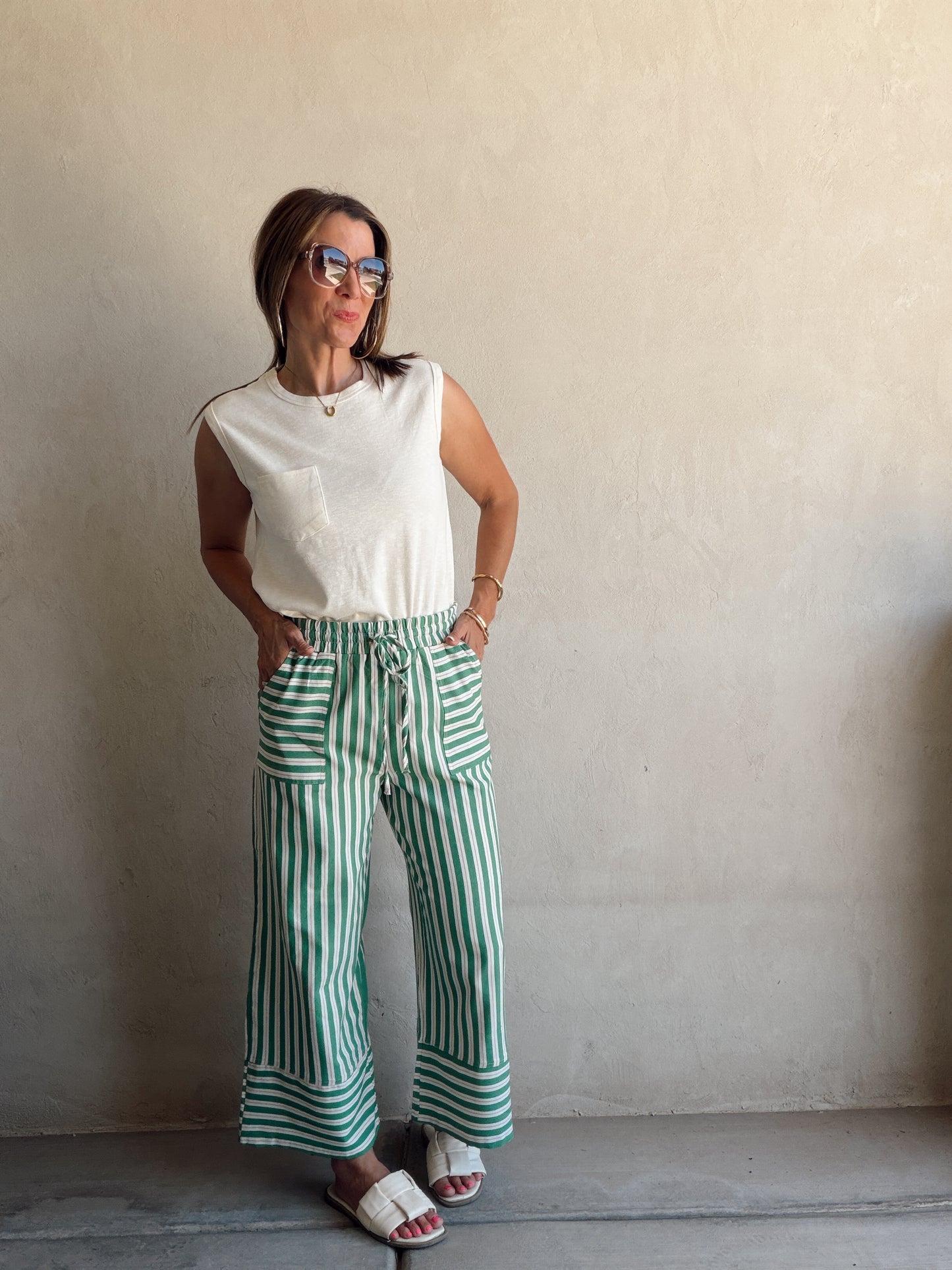 Kyla Drawstring Stripe Linen Pants in Green & Sand