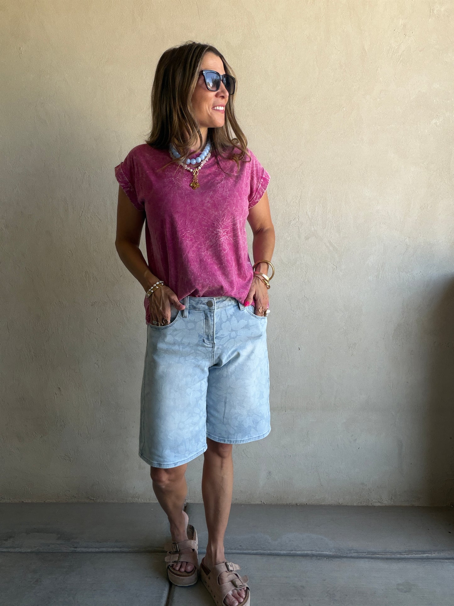 Chloe Floral Bermuda Shorts in Light Wash
