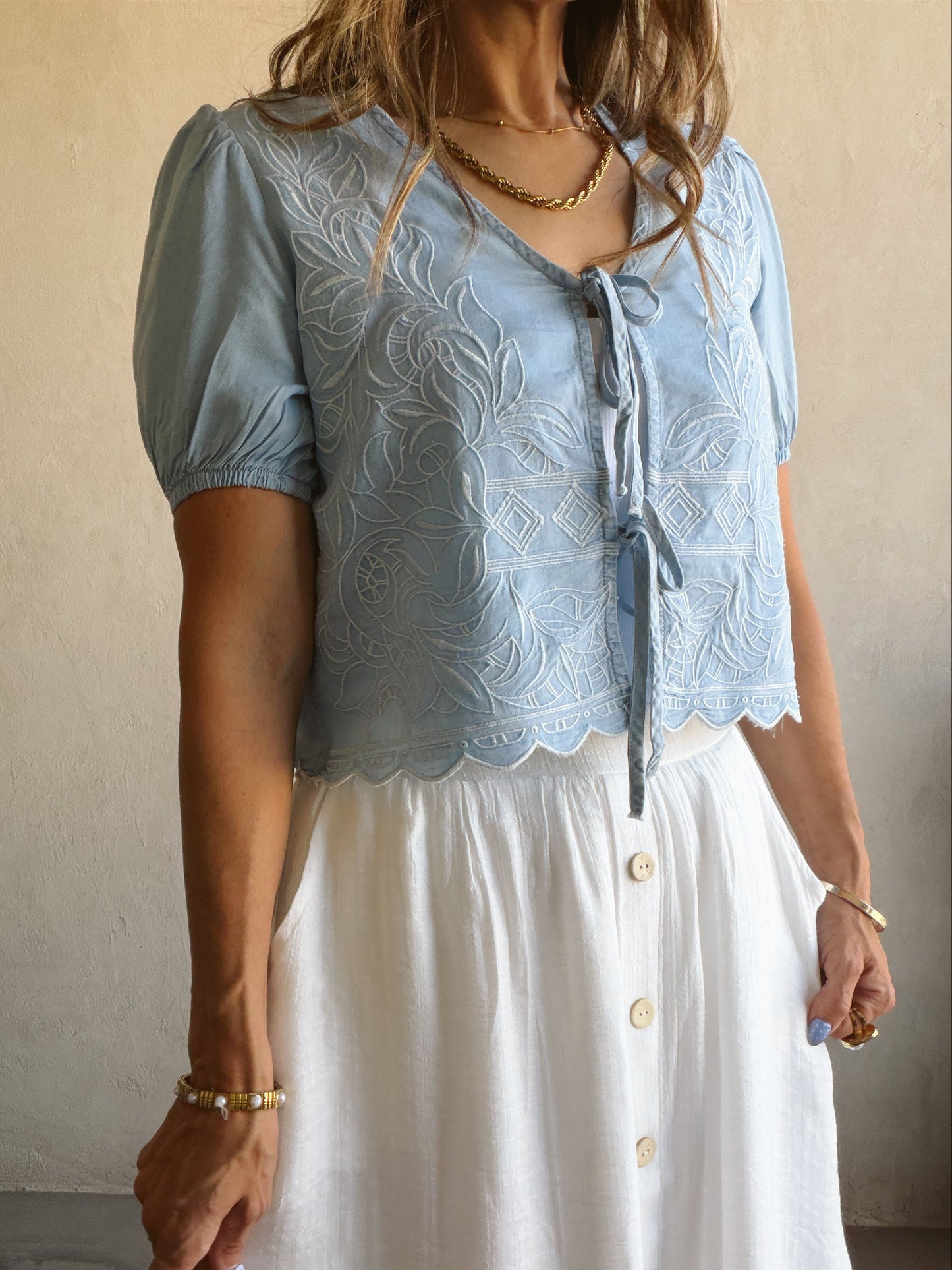 Sherry Embroidered Top in Light Blue
