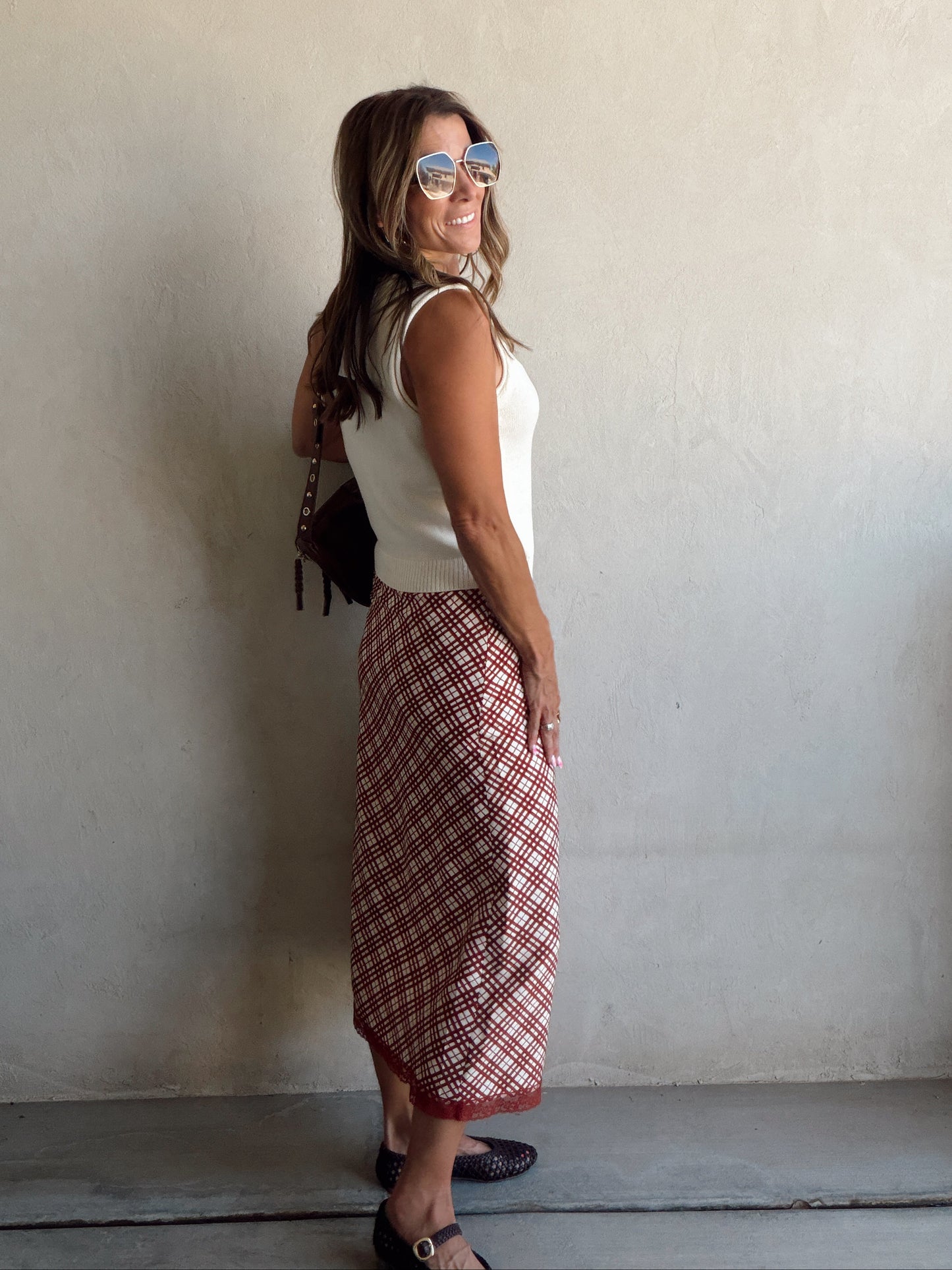 Plaid Skirt in Burgundy & Cream