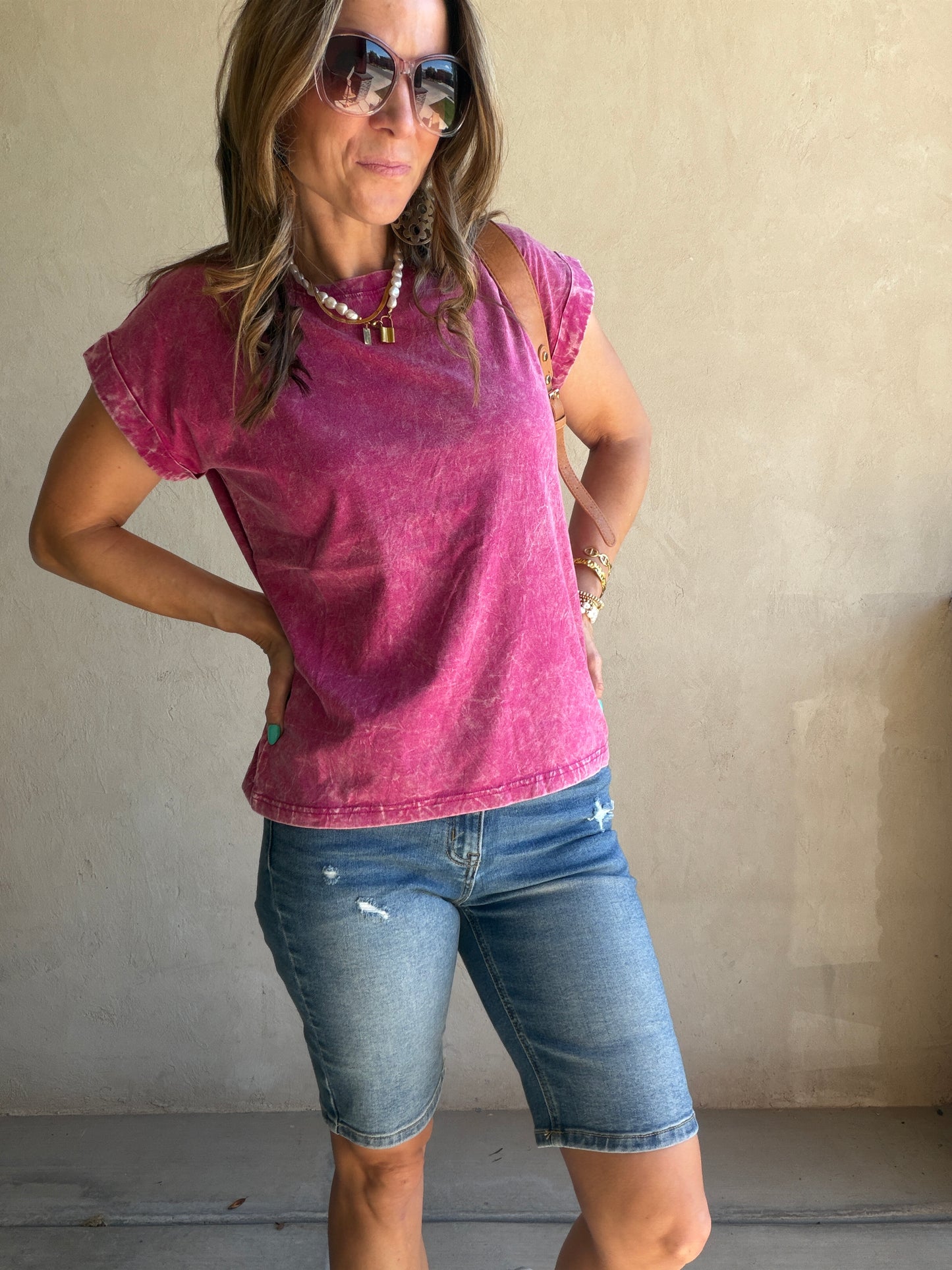 Amber Mineral Washed Top in Magenta