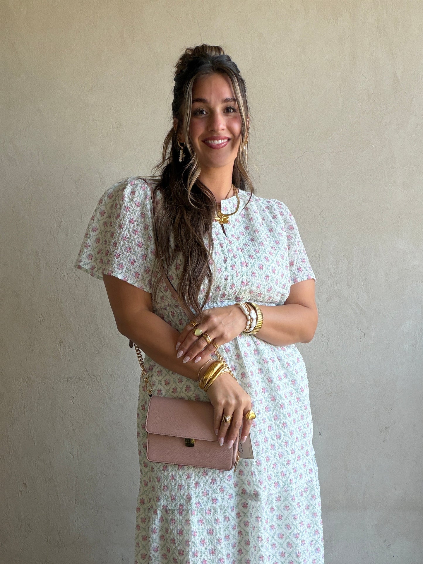 Sunday Floral Dress in Green, Pink & Ivory