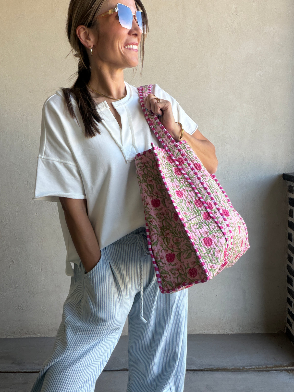 Mindee Quilted Bag – Pink, Light Pink & Green