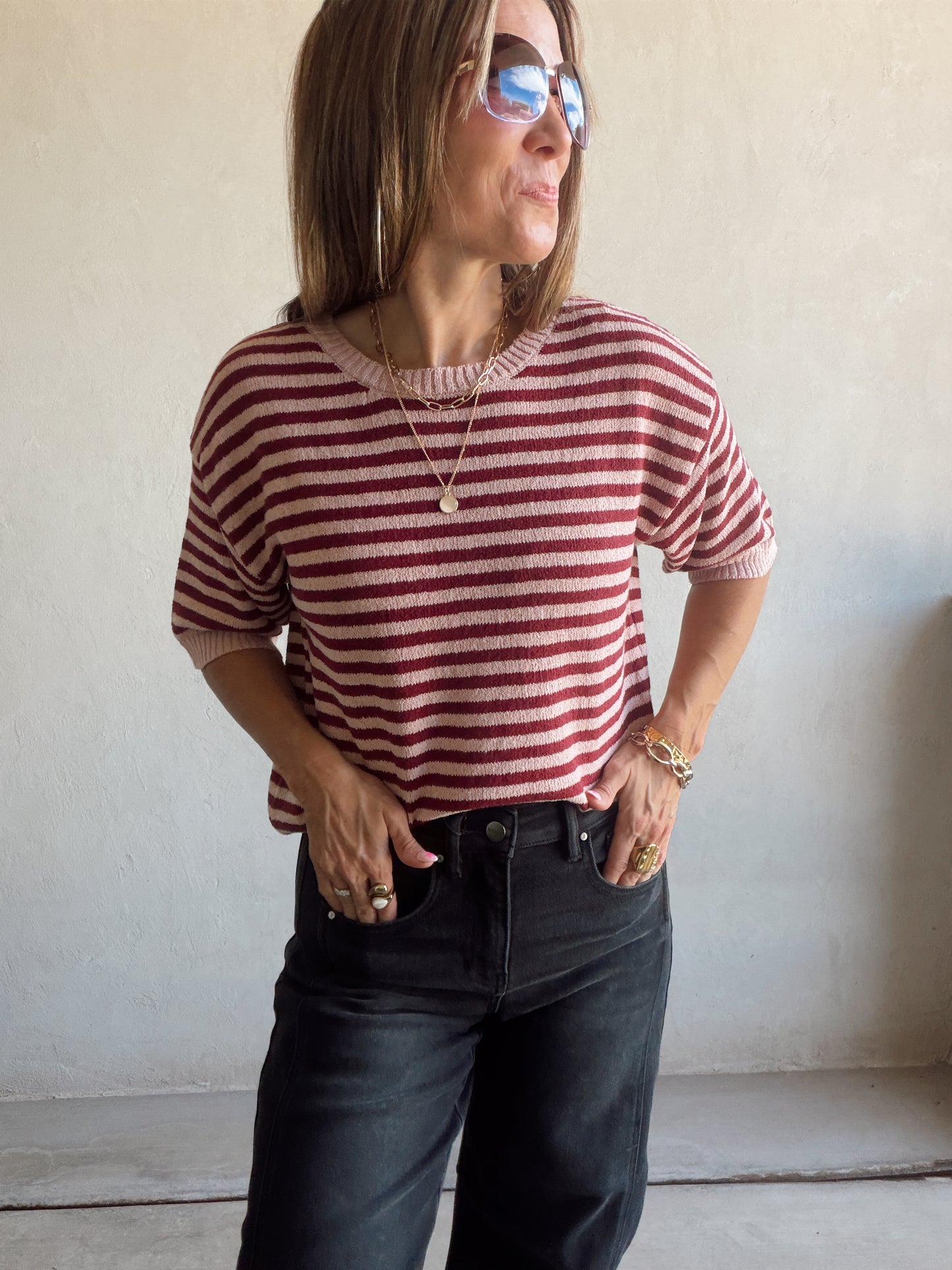 Emerald Striped Top in Mauve & Burgundy