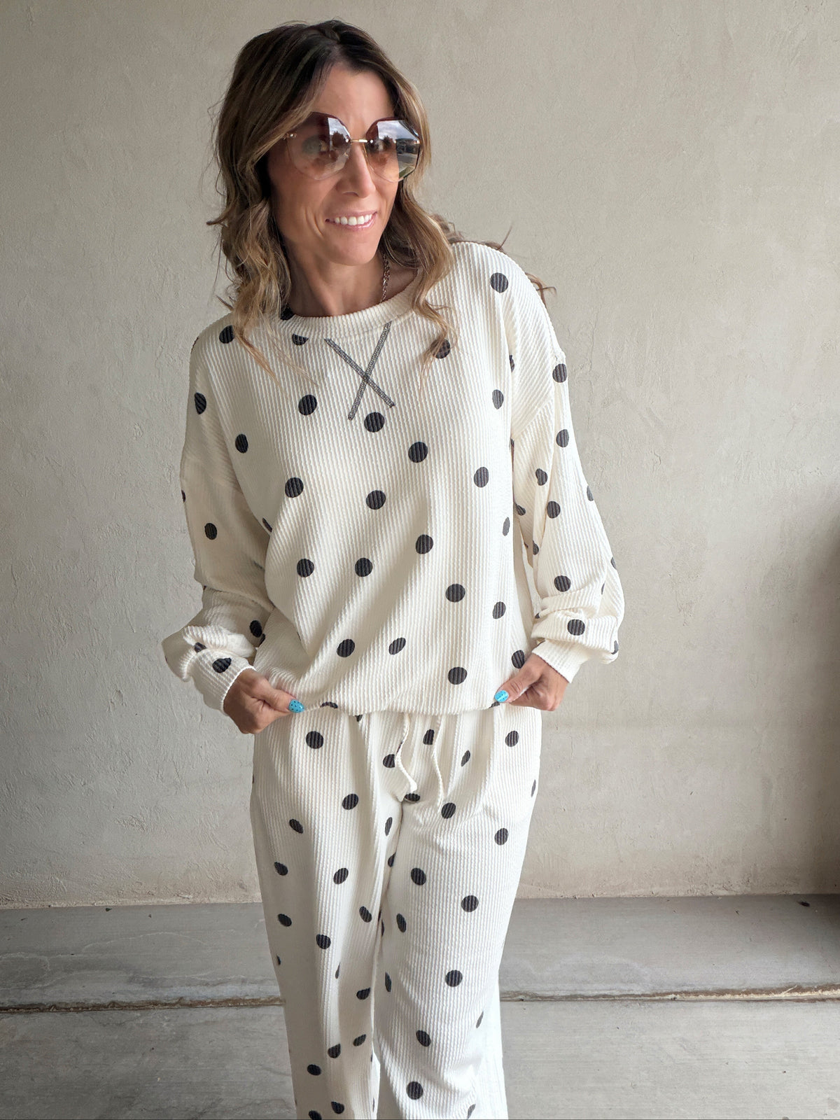 Rylee Ribbed Polka Dot Set in Ecru & Black