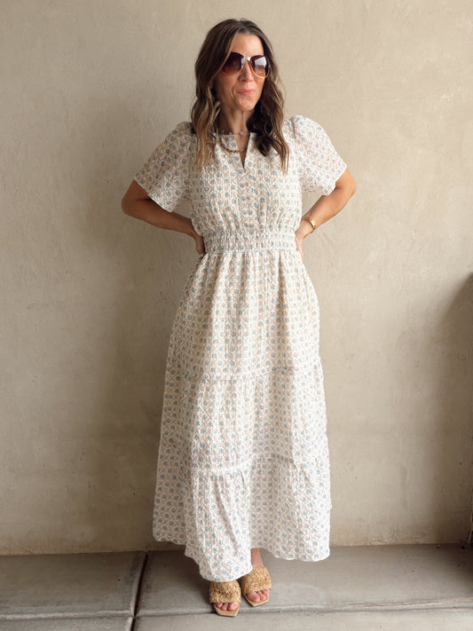 Sunday Floral Dress in Blue, Pink & Ivory