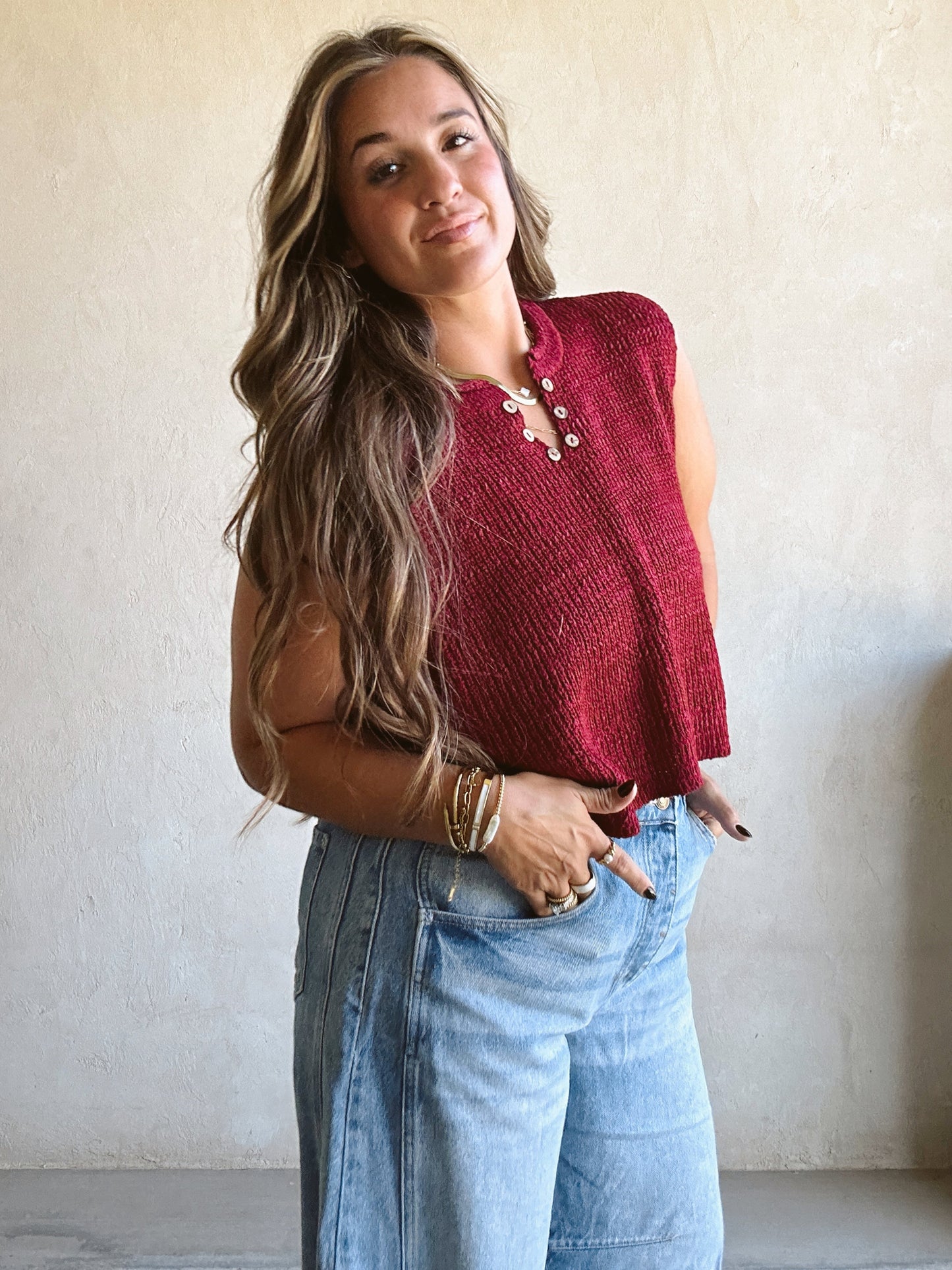 Candace V-Neck Top in Burgundy