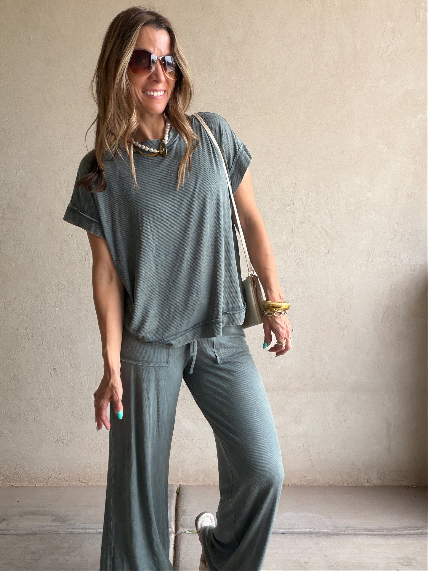 Raelyn Ribbed Mineral Washed Set in Ash Jade