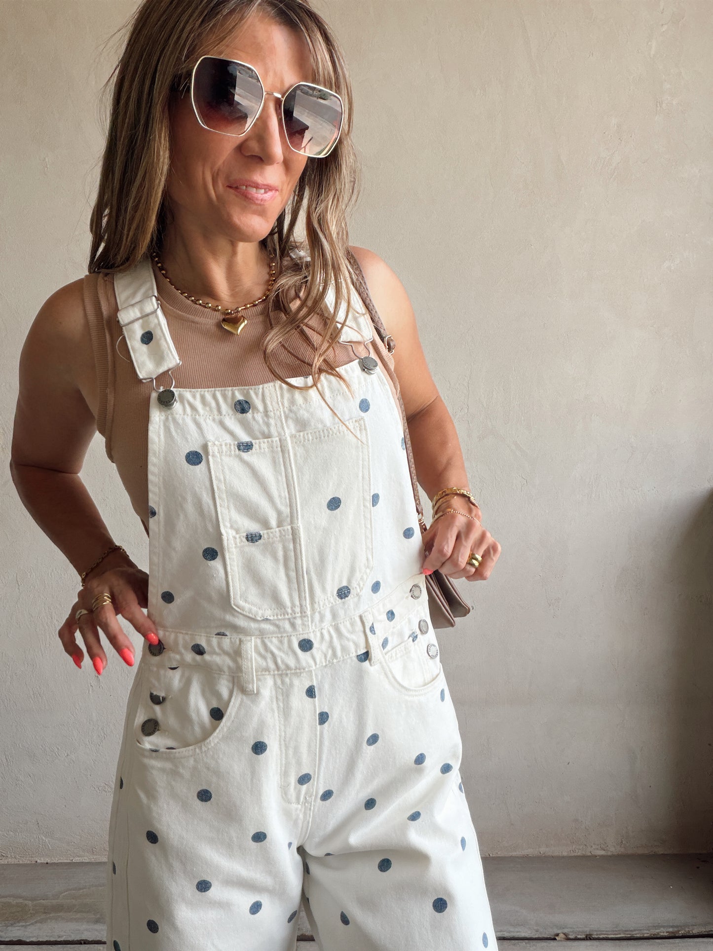 Leah Barrel Overalls in Cream with Blue Polka Dots